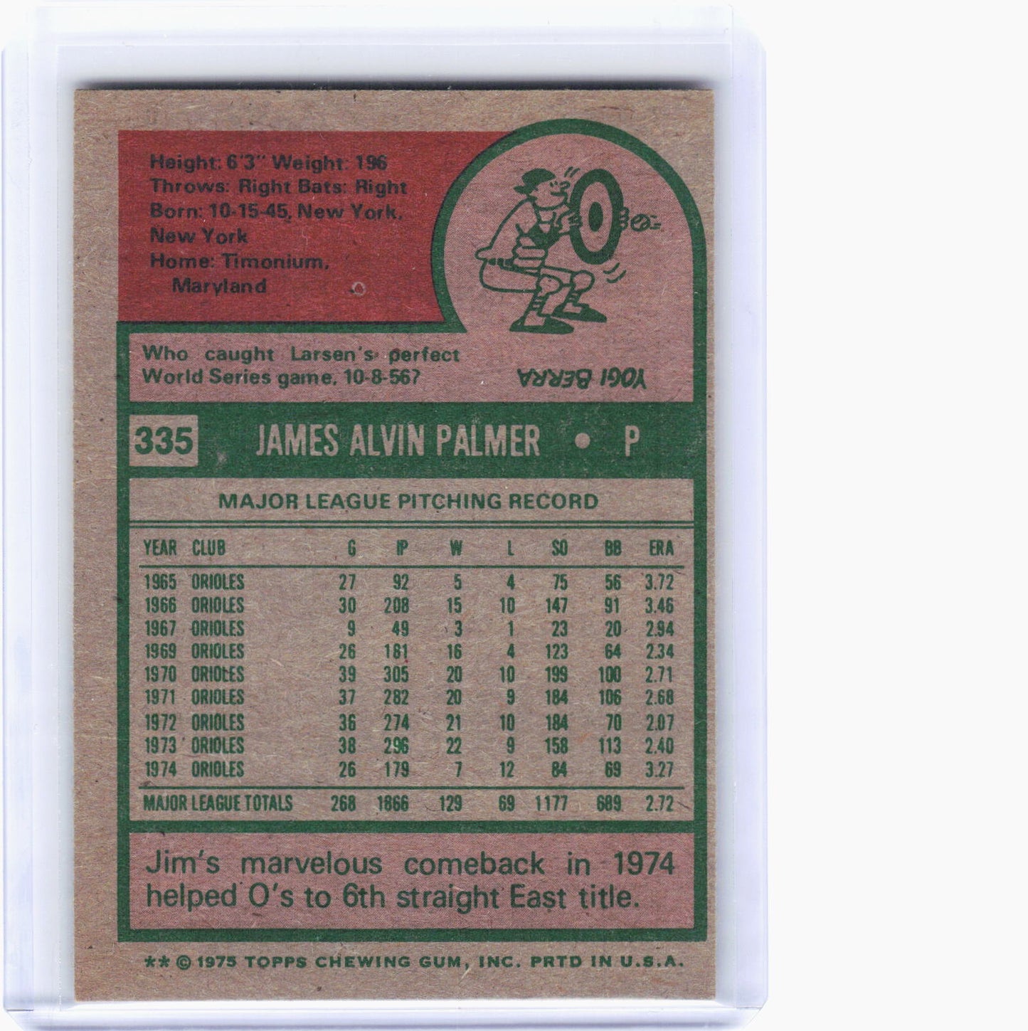 Topps 1975 Topps Baseball—Jim Palmer #335 —Very Good