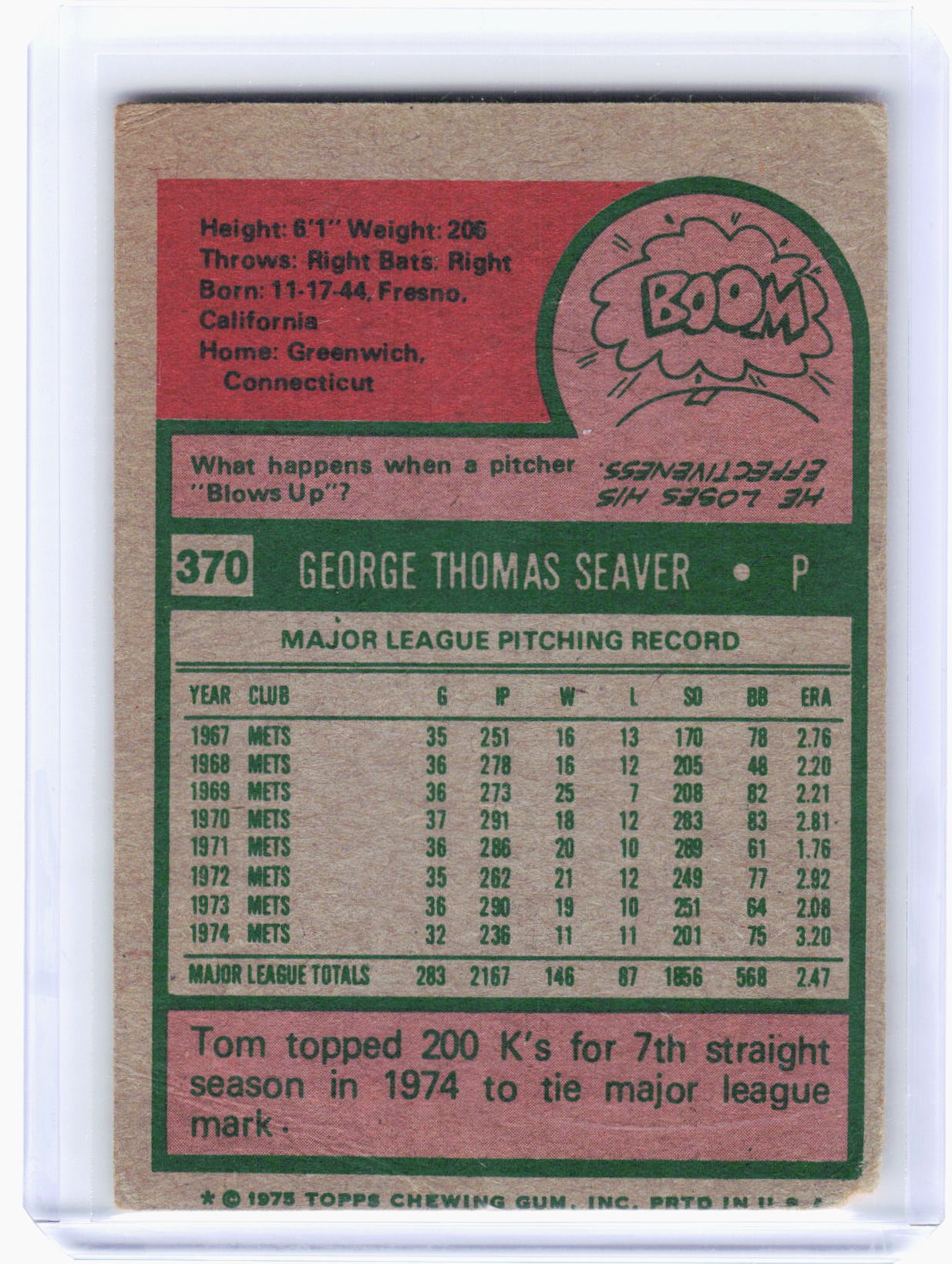 Topps 1975 Topps Baseball—Tom Seaver #370 —Poor