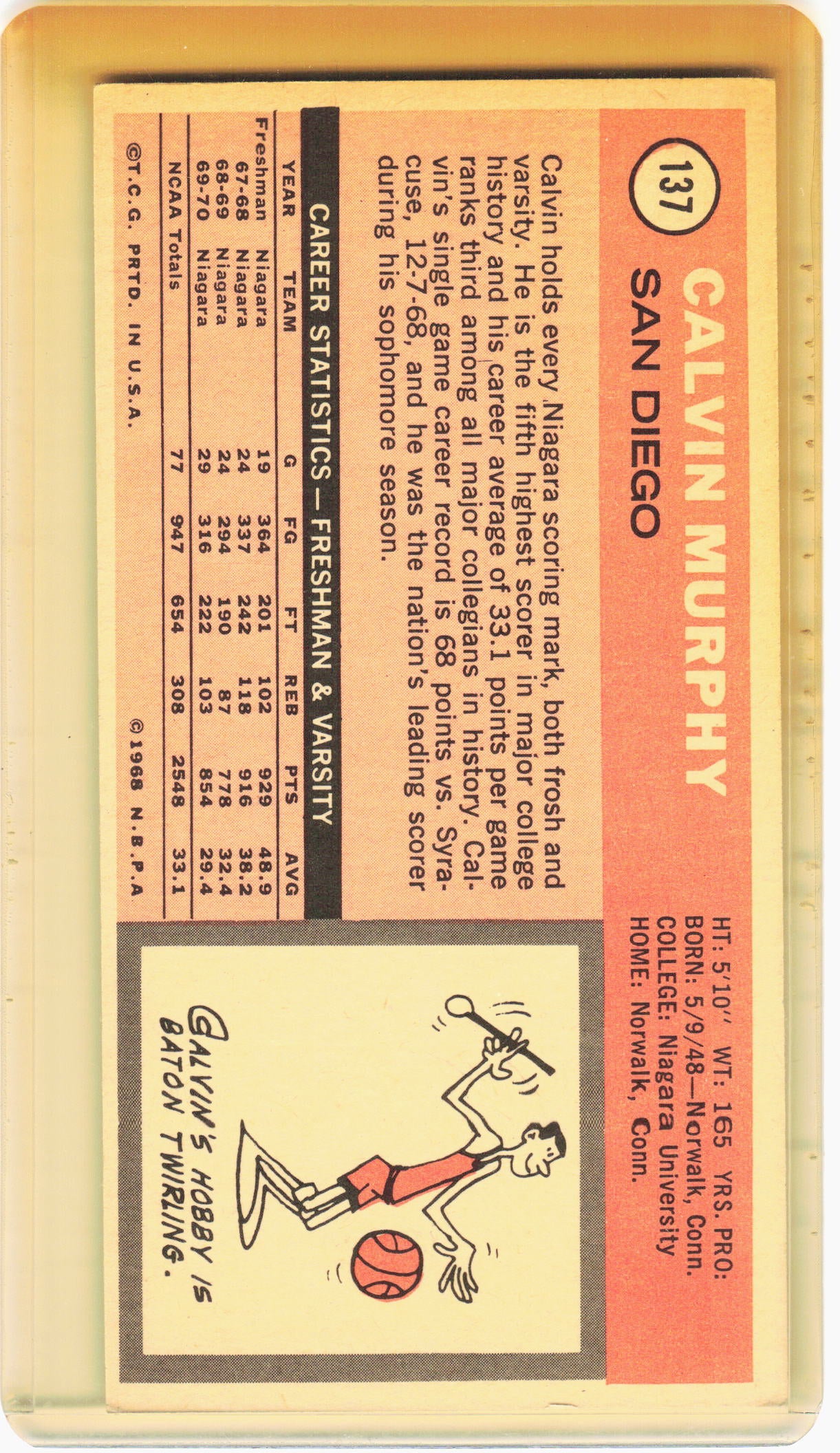 Topps 1970 Topps Basketball—Calvin Murphy #137 —Very Good