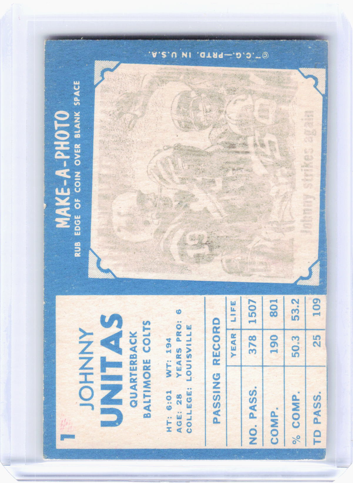 Topps 1961 Topps Football—Johnny Unitas #1 —Poor