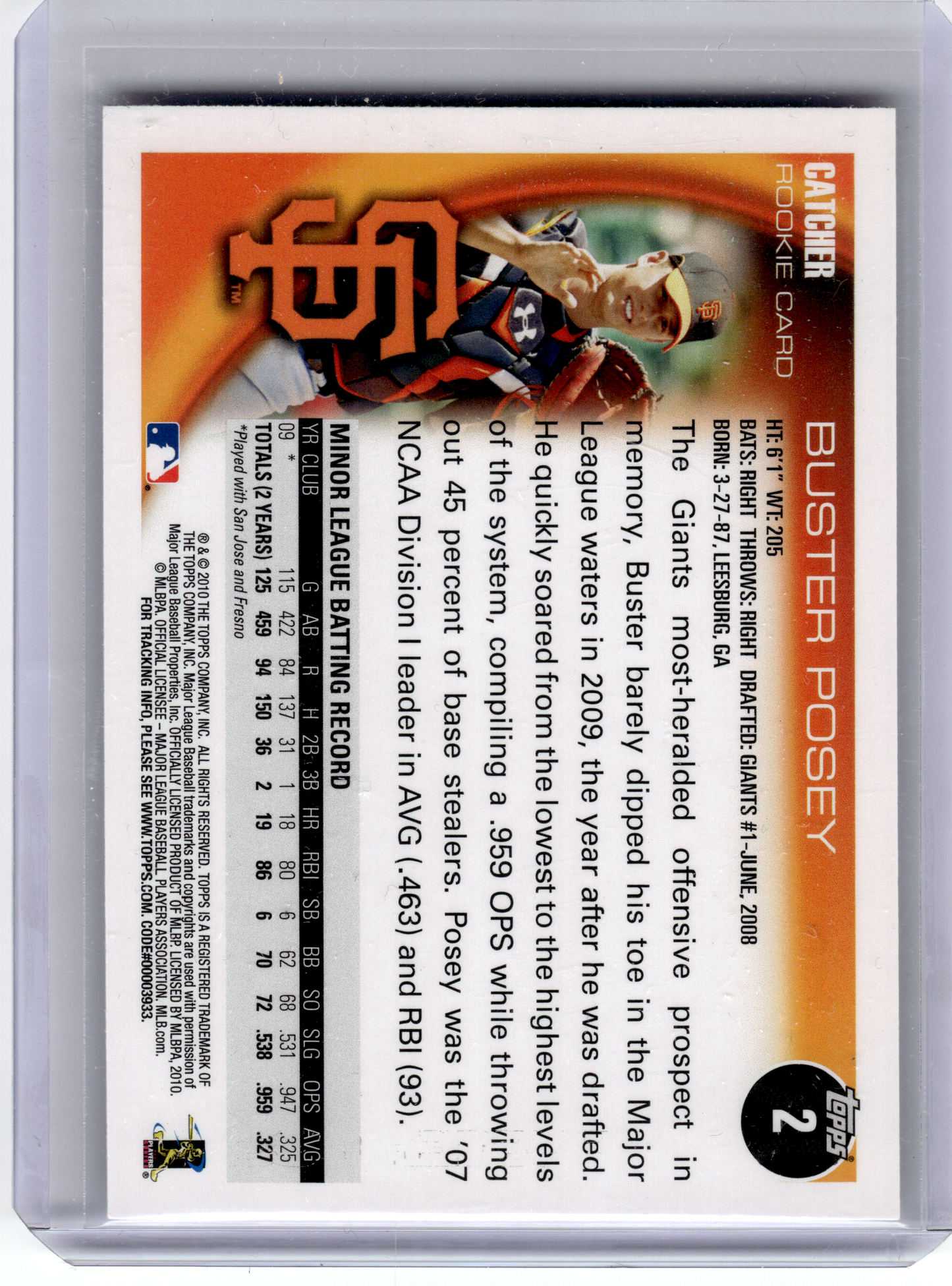2010 Topps Baseball—Buster Posey #2 RC—Very Good
