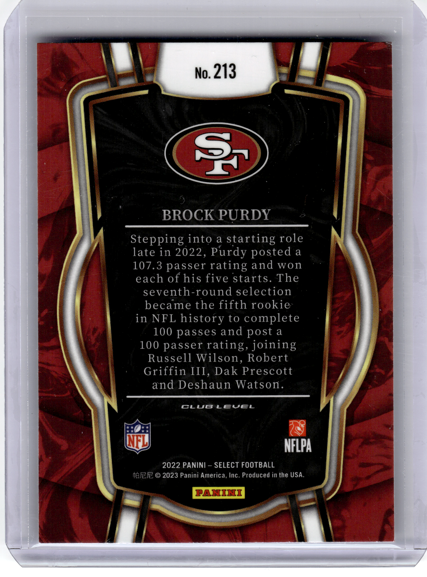 2023 Panini Select Football Football—Brock Purdy #213 RC—Very Good