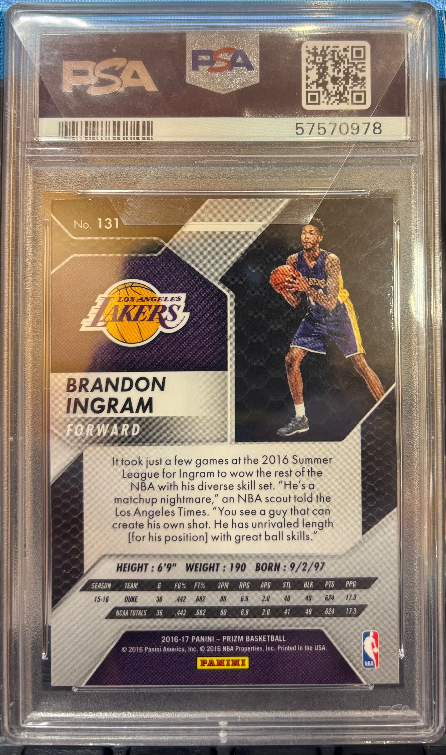 2016 Panini Prizm Basketball Brandon Ingram #131 PSA 9