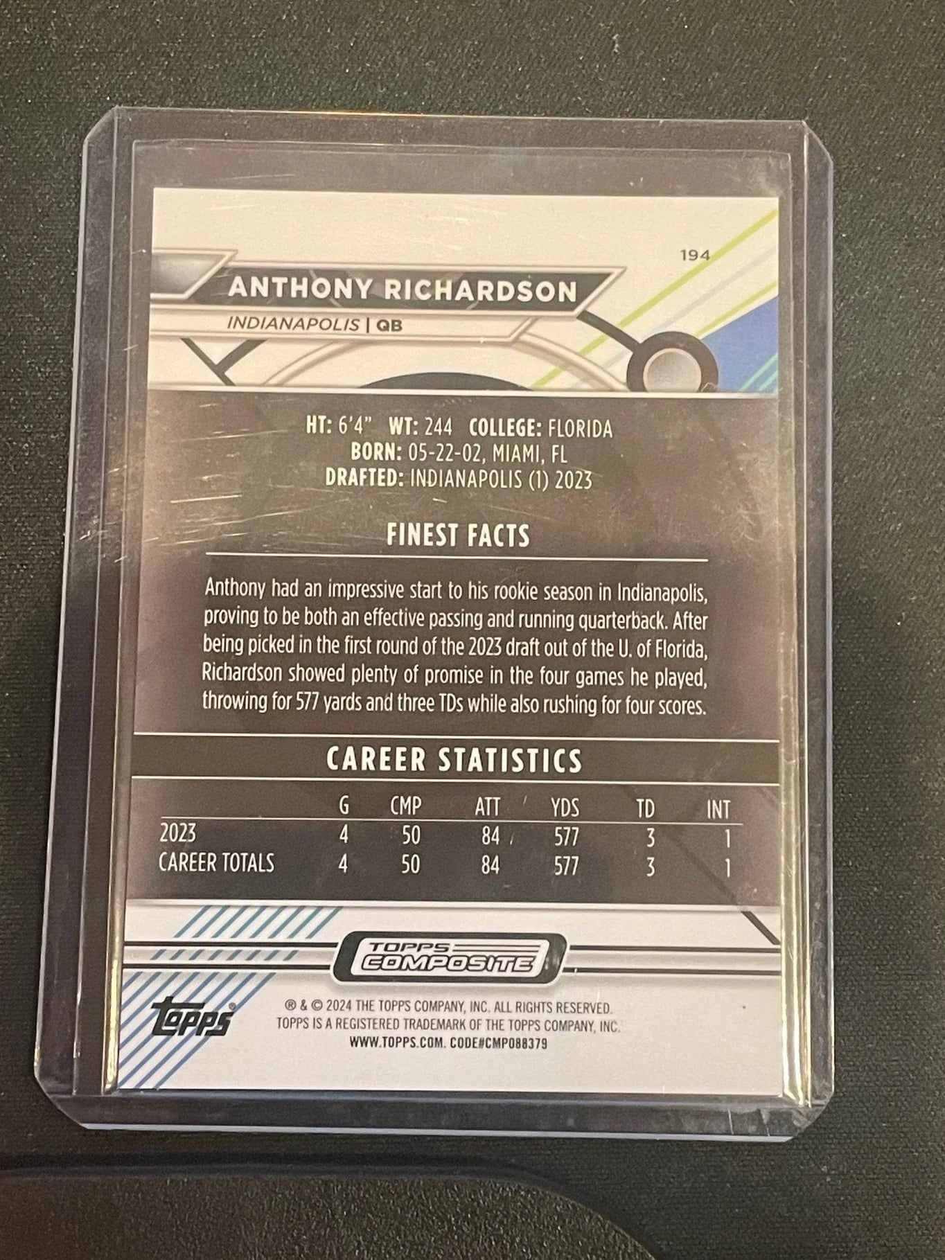 2023 Topps Composite Football Anthony Richardson Finest Blue /199 #194 - Papa Joey's Collectibles
