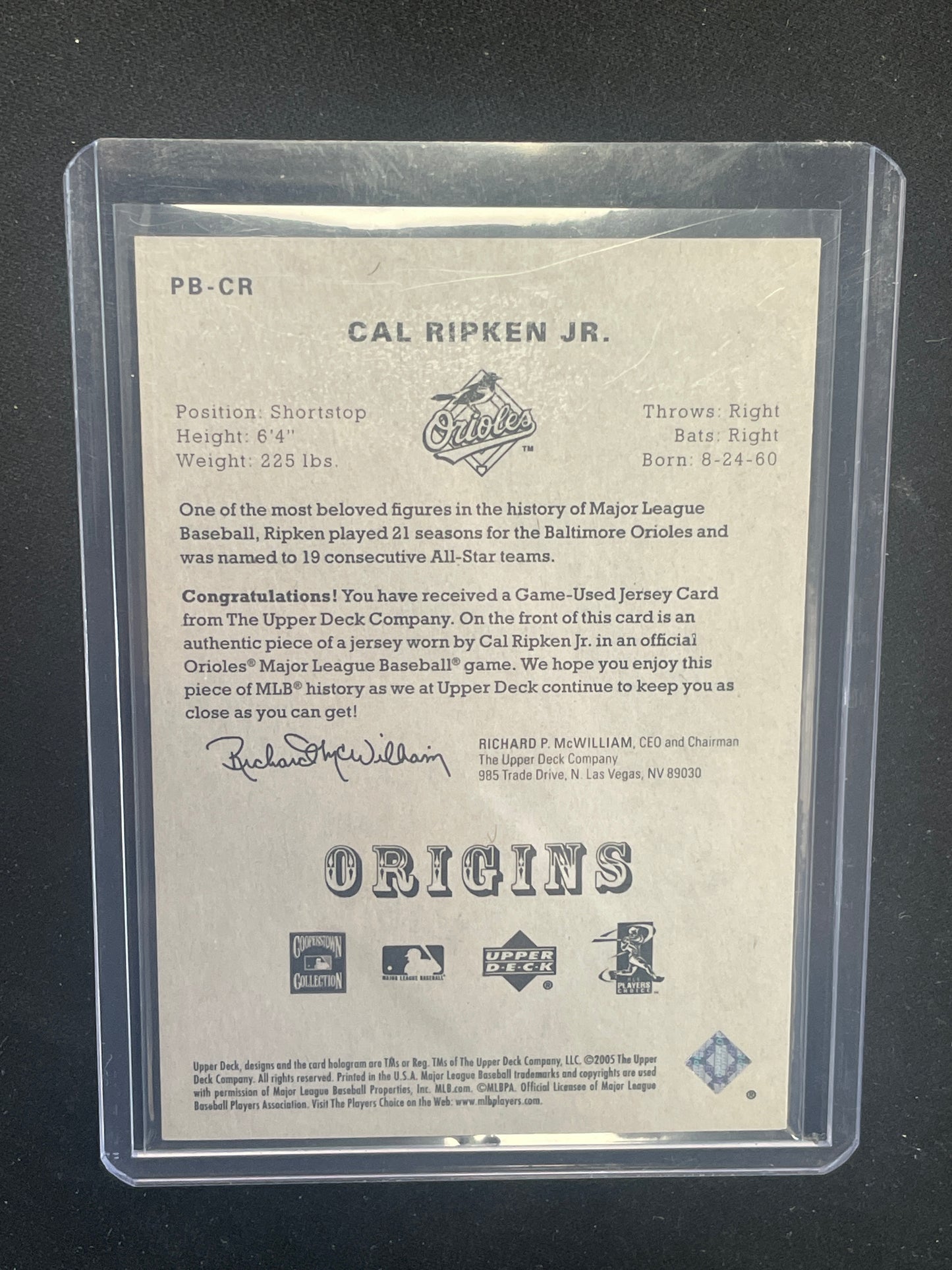 2005 Origins Upper Deck Baseball Cal Ripken Jr. Relic #PB-CR - Papa Joey's Collectibles
