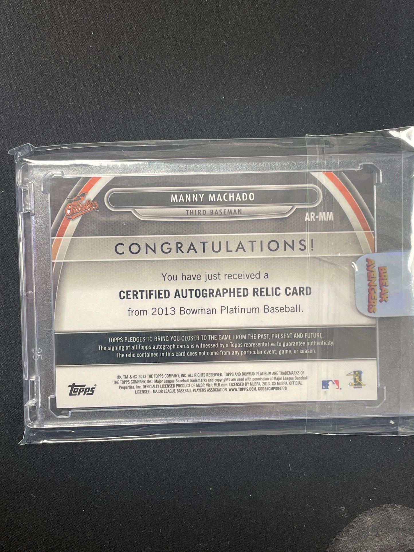 2013 Bowman Baseball Manny Machado Autograph Patch /199