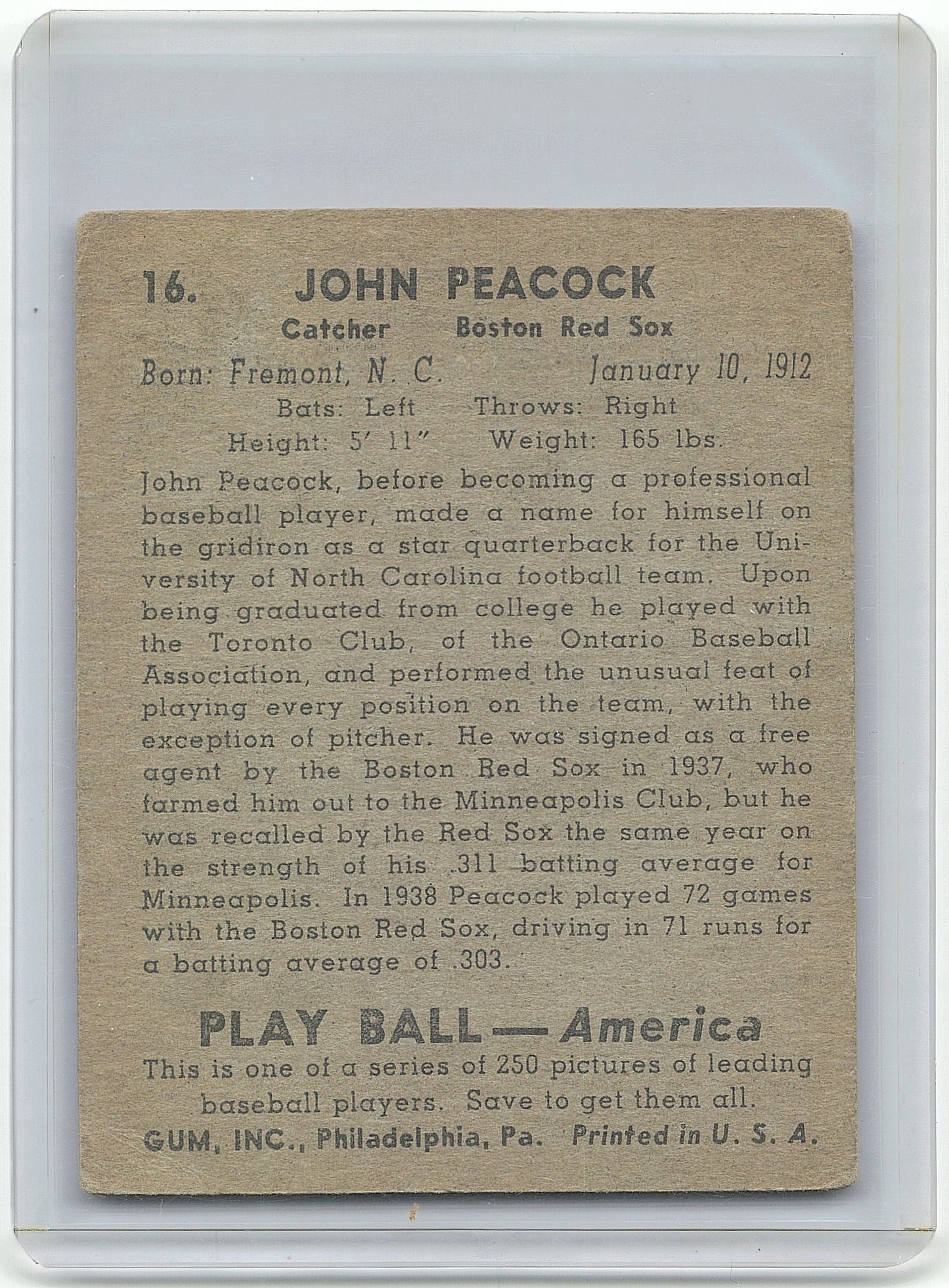GUM, INC. 1938 Play Ball Baseball John Peacock #16