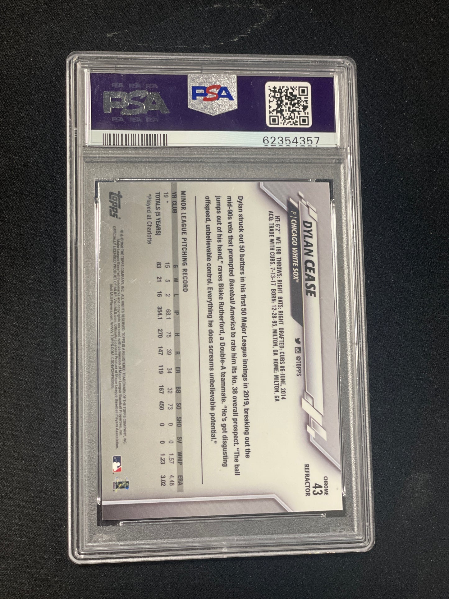 2020 Topps Chrome Baseball Dylan Cease X Fractor #43 PSA 10