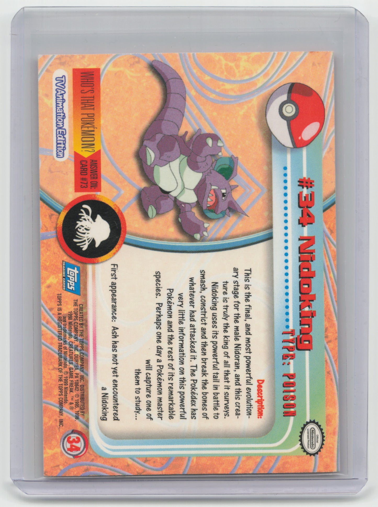 1999 Pokemon Nidoking Pokémon Topps Series 1 #34 - Papa Joey's Collectibles