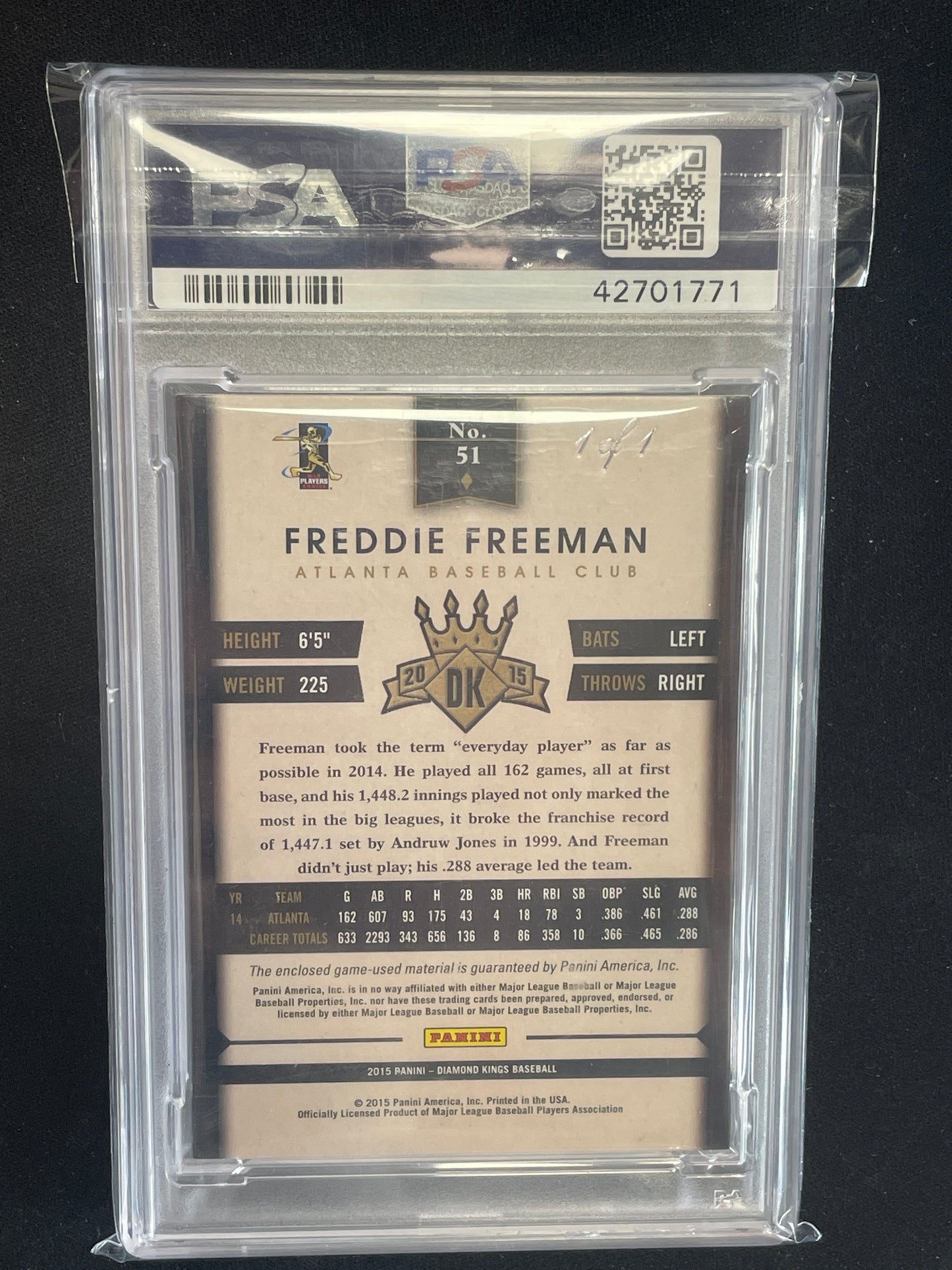 2015 Panini Diamond Kings Baseball Freddie Freeman Material Black 1 1 #51 PSA 9 - Papa Joey's Collectibles