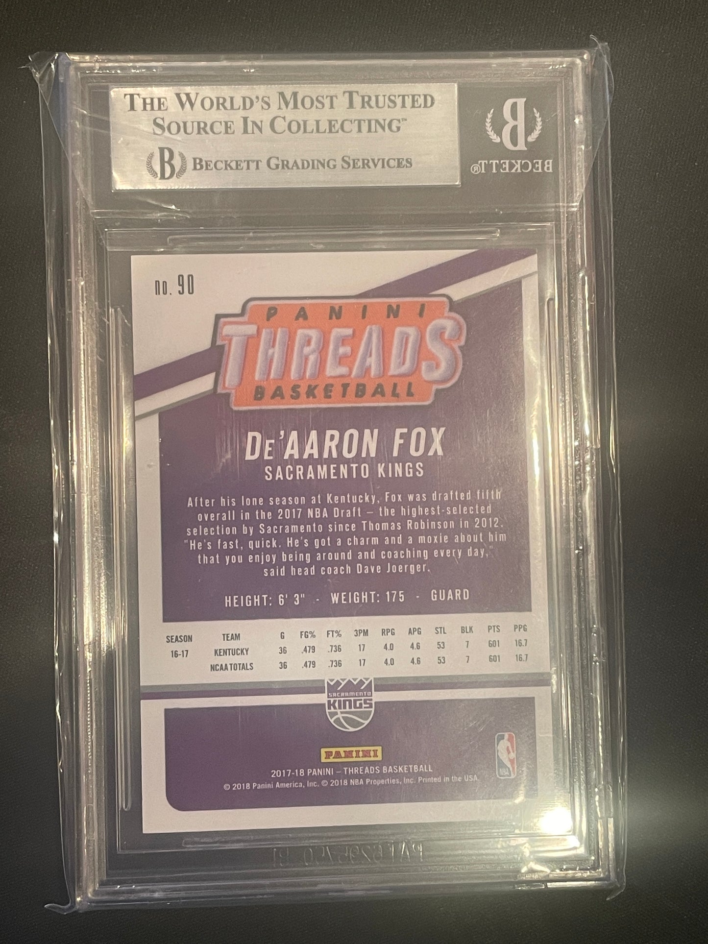 2017-18 Panini Threads Dazzle Basketball De'Aaron Fox #90 BGS 9 - Papa Joey's Collectibles