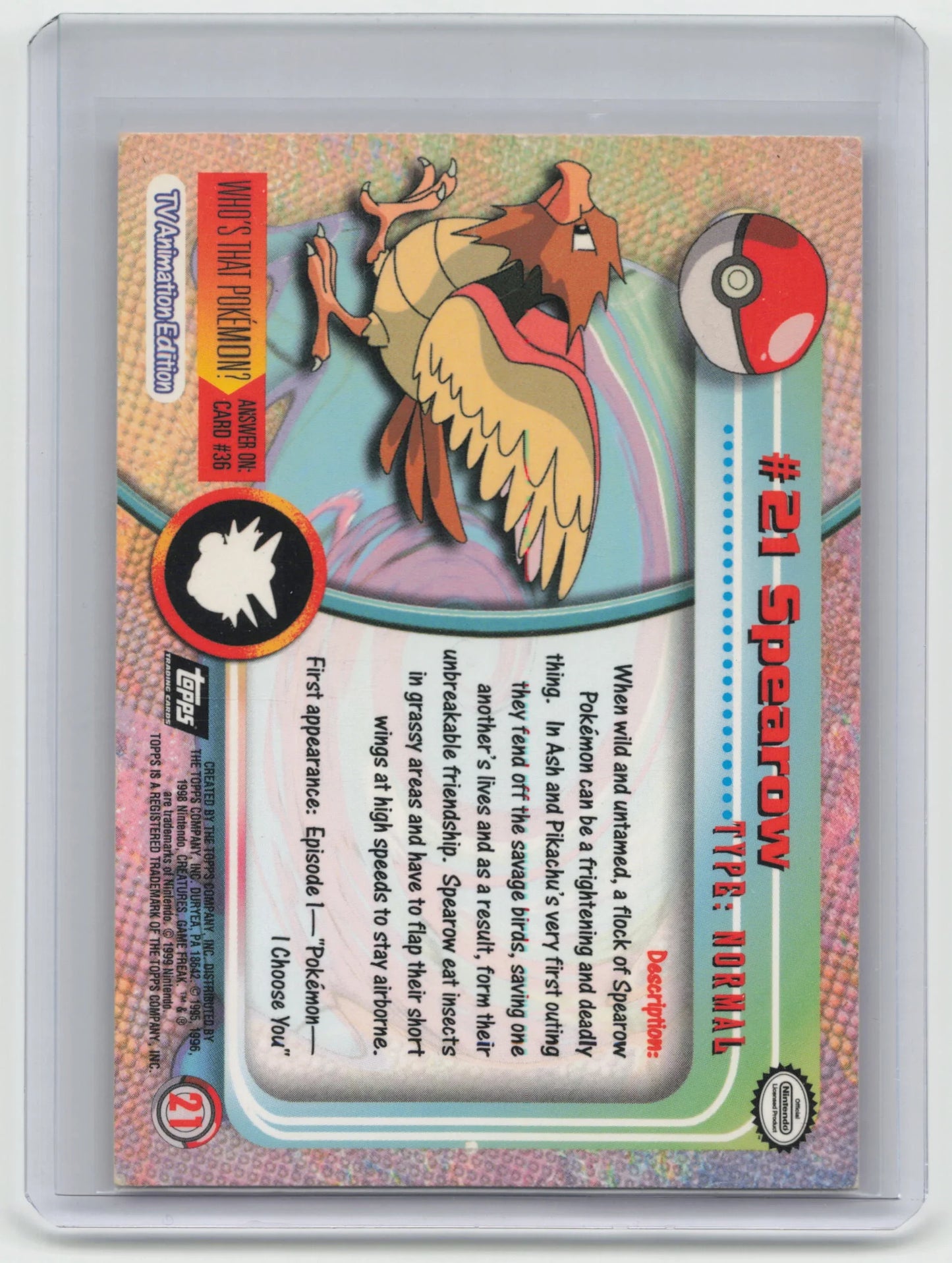 1999 Pokemon Spearow Pokémon Topps Series 1 #21 - Papa Joey's Collectibles