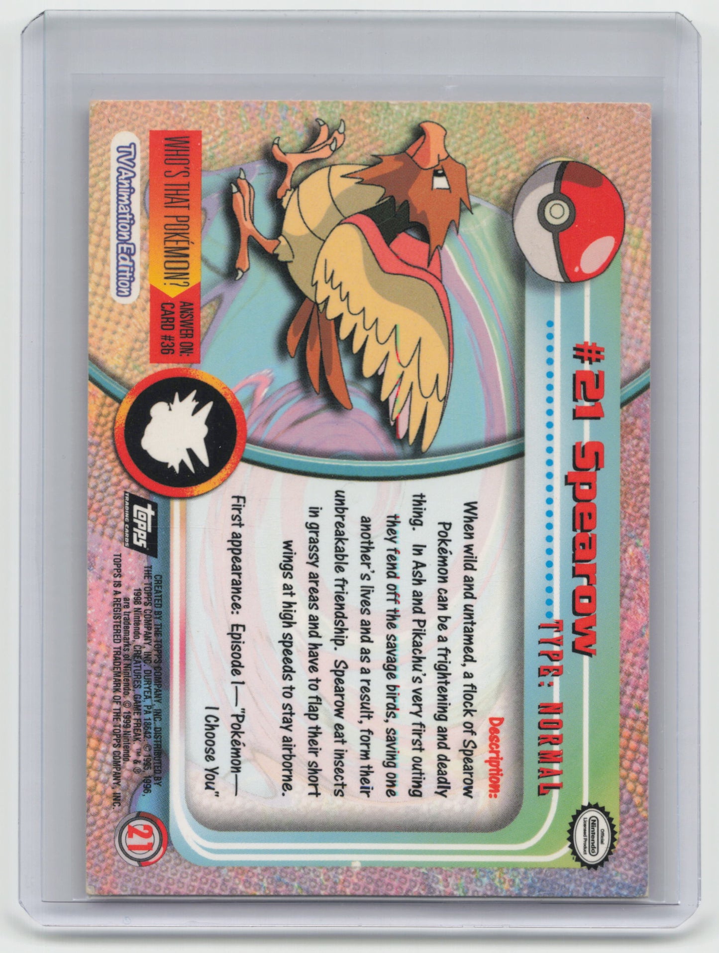 1999 Pokemon Pokémon Topps Series 1 Pokémon Spearow Holofoil #21