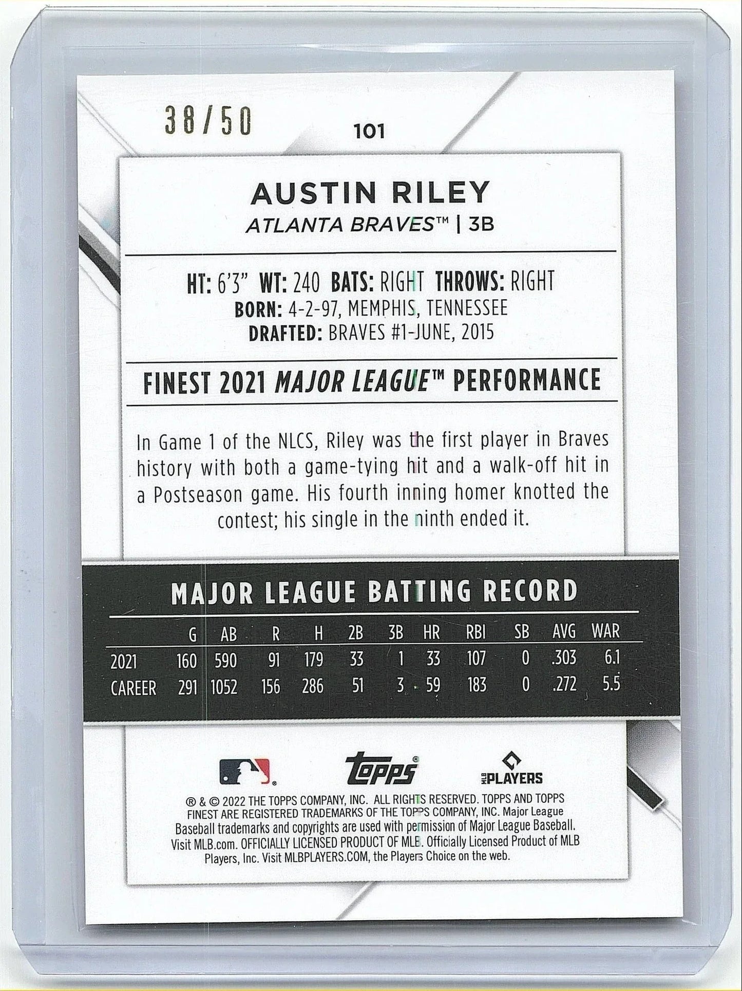 2022 Topps Finest Baseball Austin Riley 38/50 #101 - Papa Joey's Collectibles