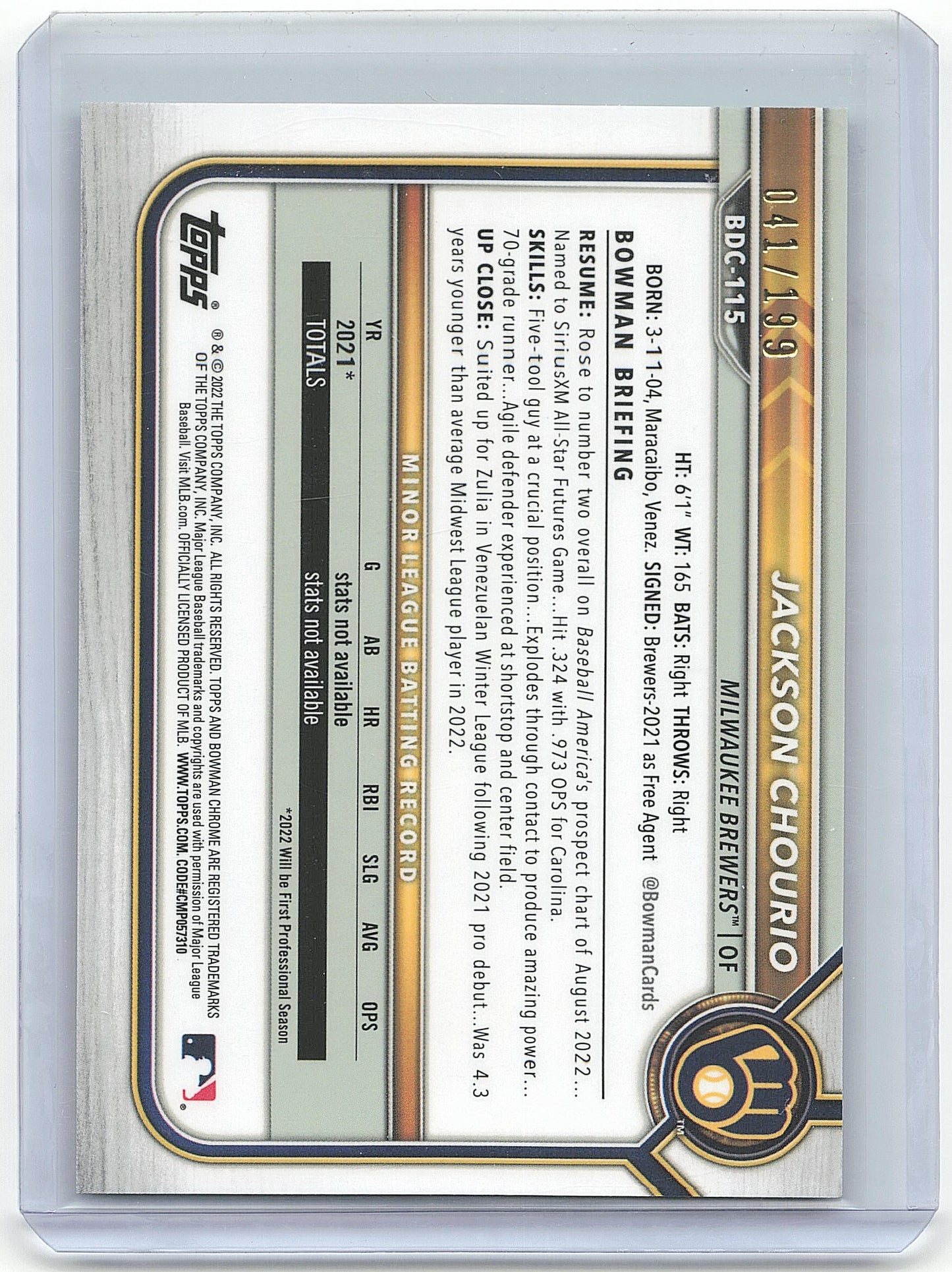 Topps 2021 Bowman Chrome Baseball Jackson Chourio 041/199 #BDC-115