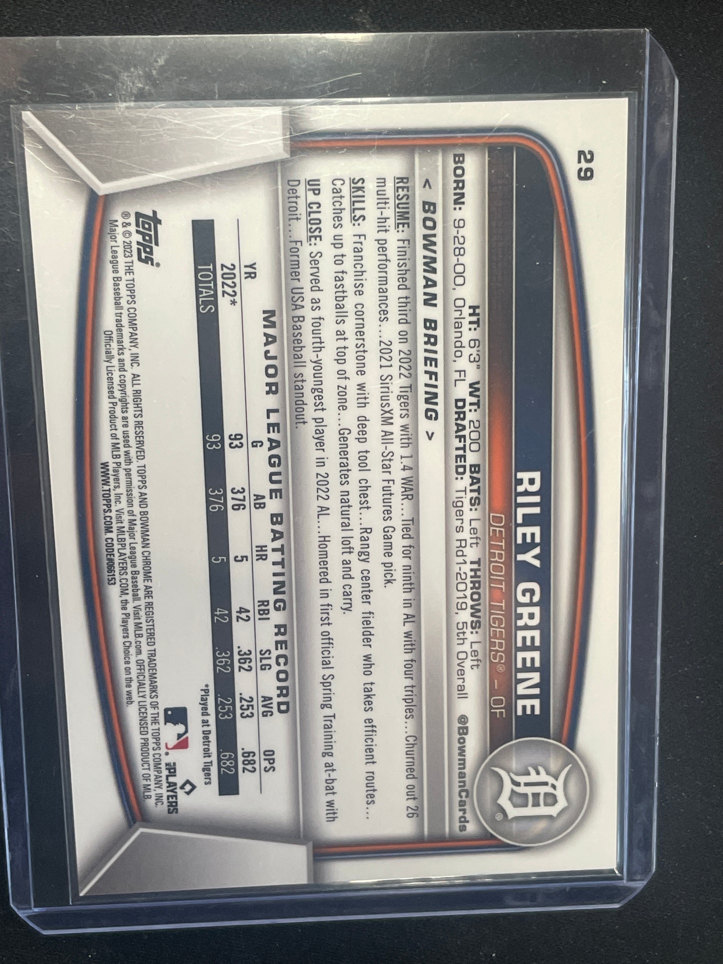 2023 Bowman Chrome Sapphire Baseball Riley Greene RC /50
