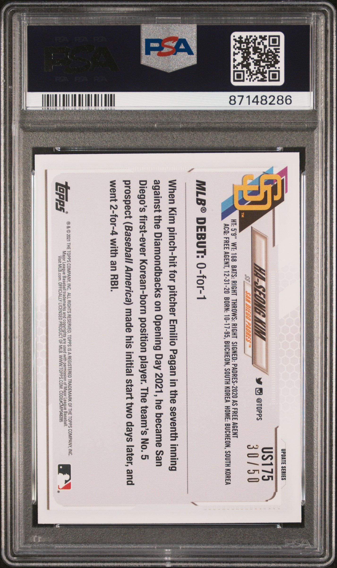 Topps 2021 Update Baseball—Ha-Seong Kim #US175 Father's Day Powder Blue —PSA 10