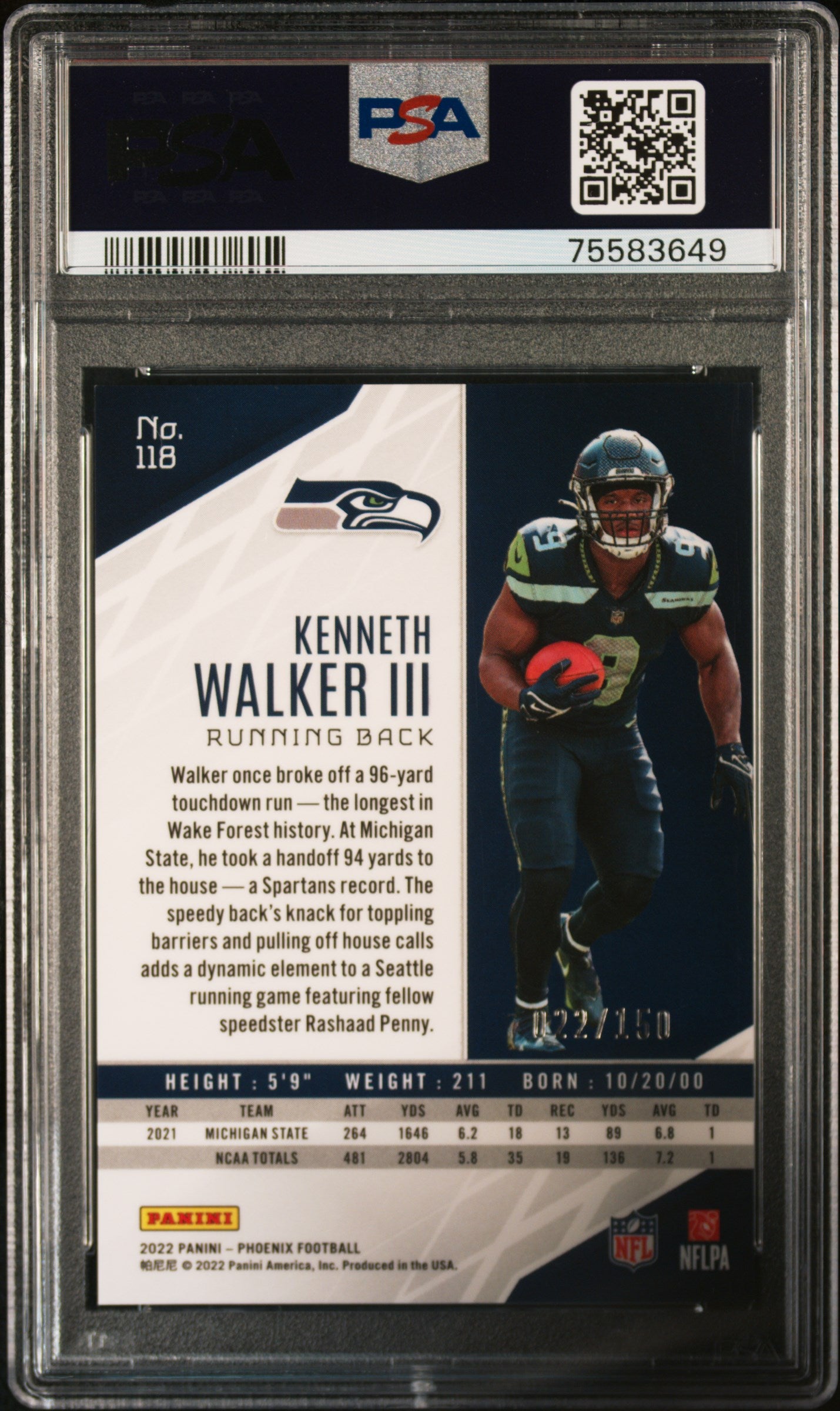 2022 Panini Phoenix Football Kenneth Walker III Red Lazer #118 PSA 10