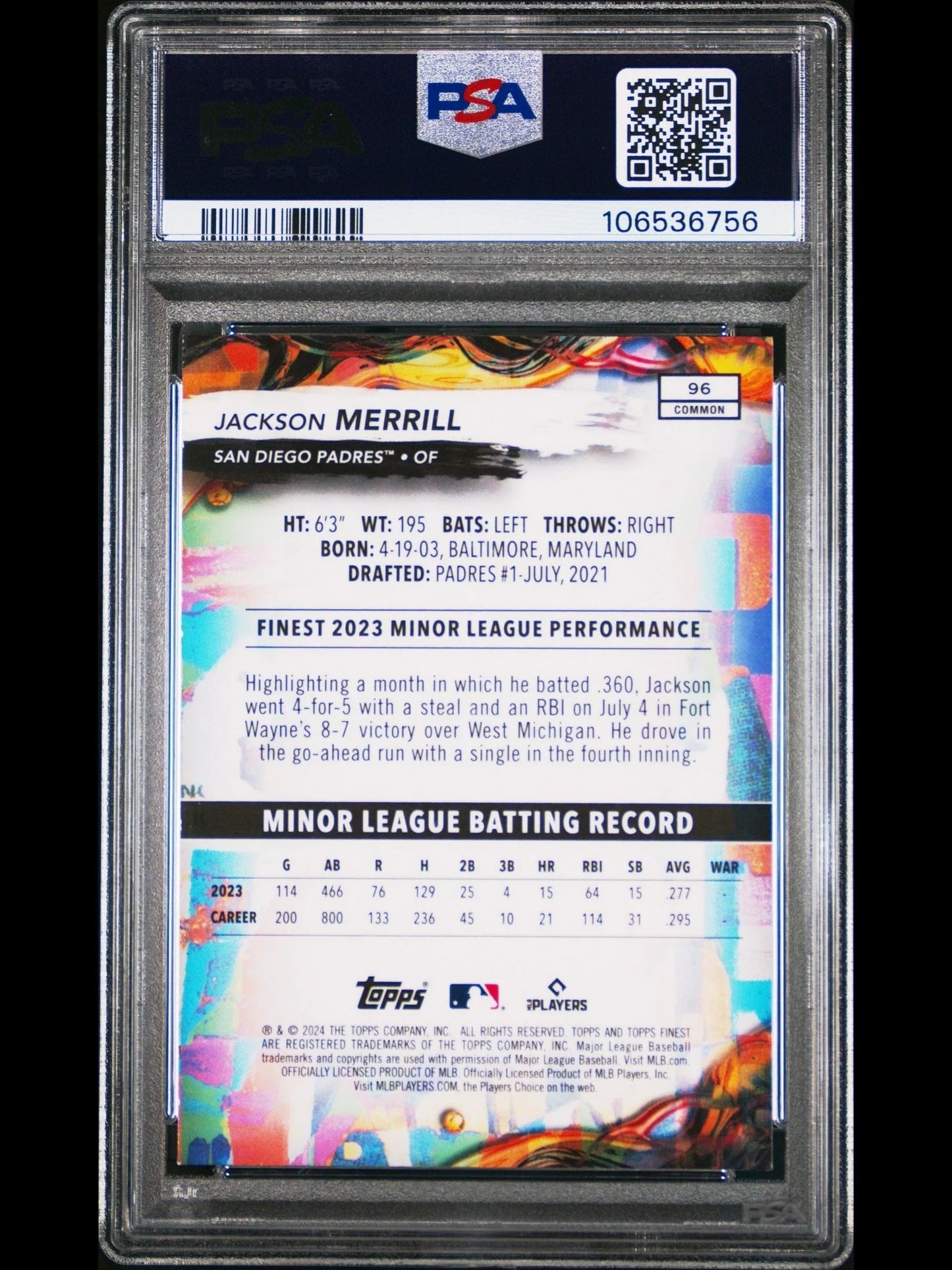 2024 Topps Finest Baseball Jackson Merrill #96 PSA 10 - Papa Joey's Collectibles
