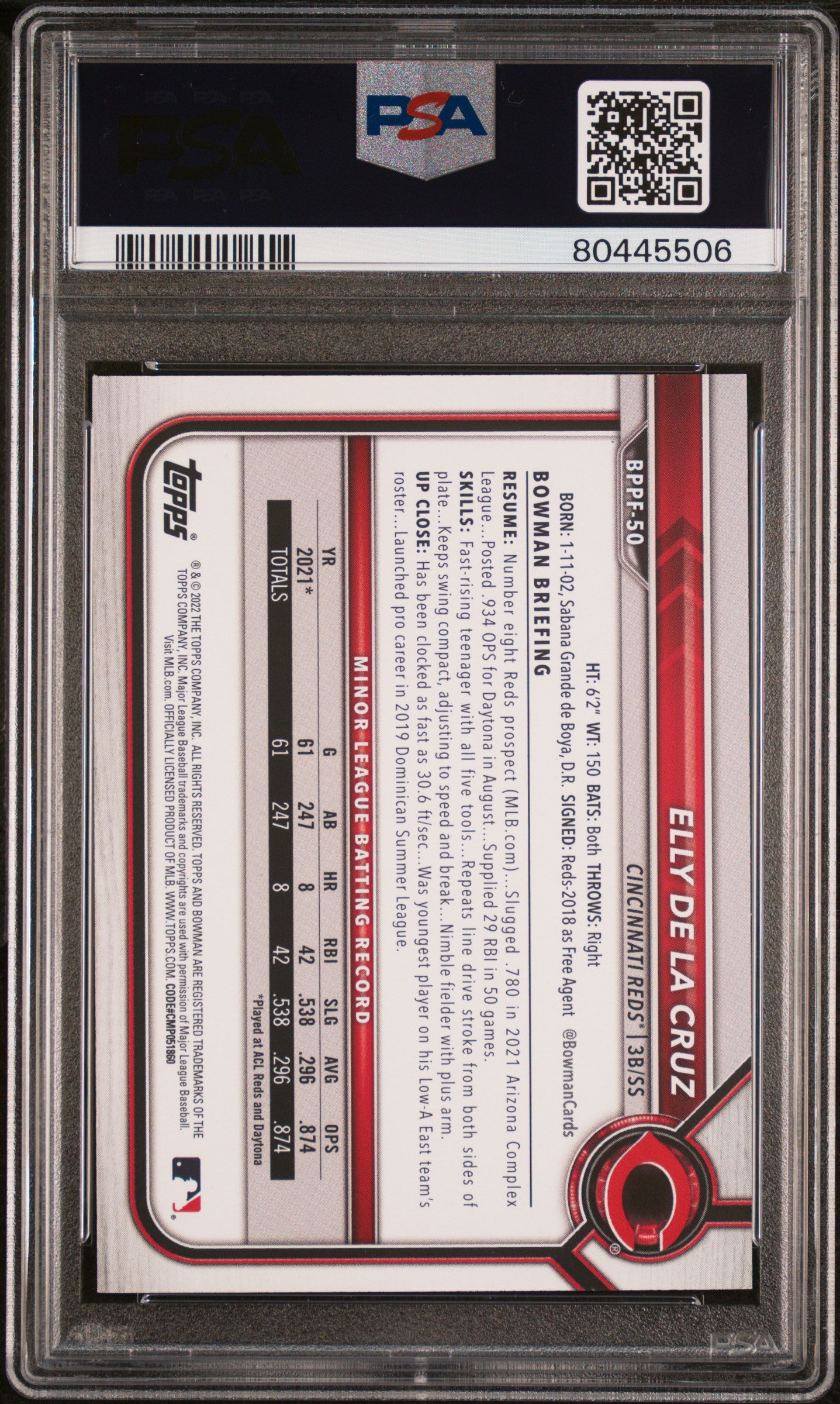 2022 Bowman 1ST Edition Baseball Elly De La Cruz Sky Blue Foil #BPPF50 PSA 10