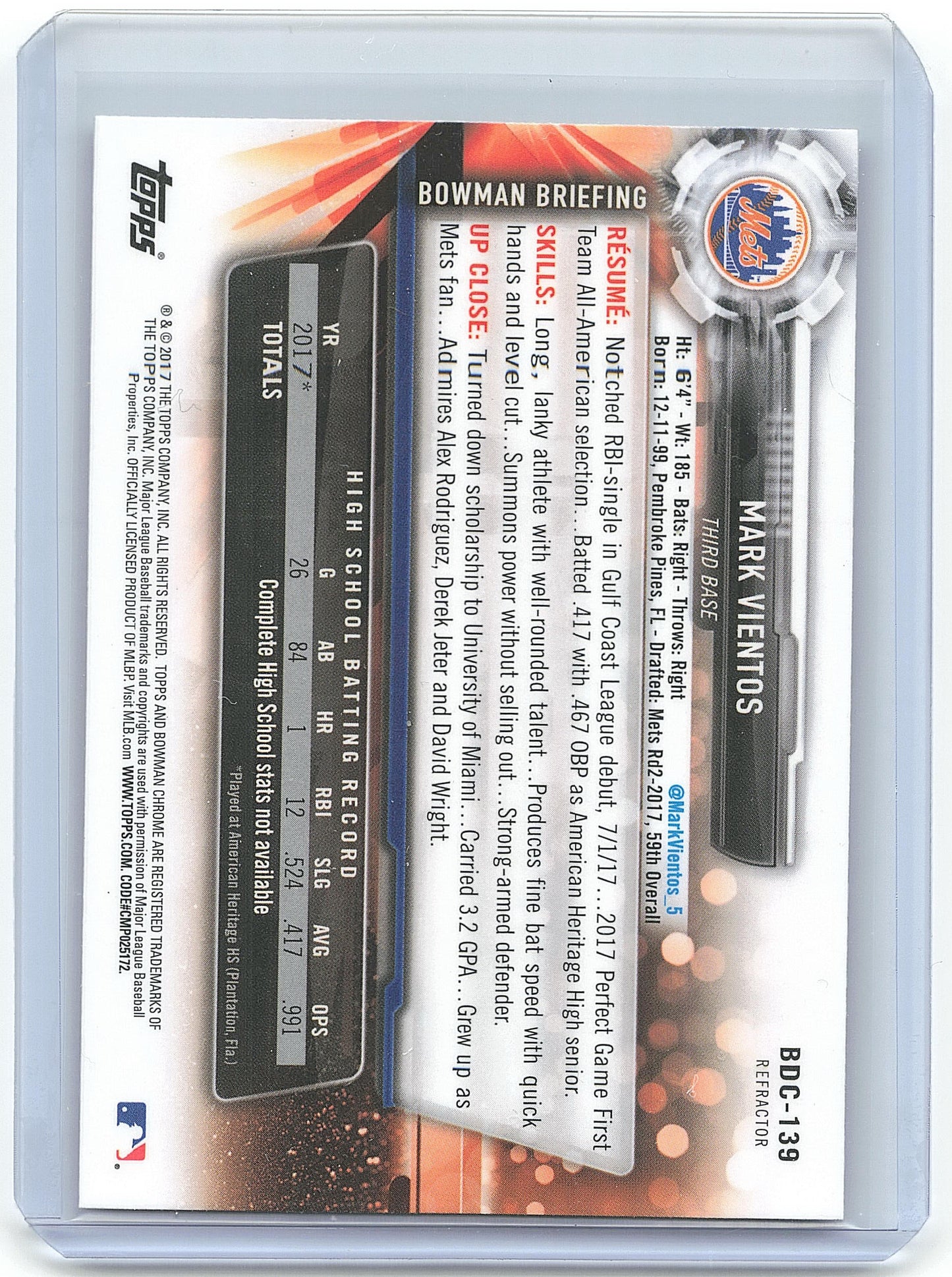 Topps 2017 Bowman Chrome Baseball Mark Vientos 1st Bowman #BDC-138