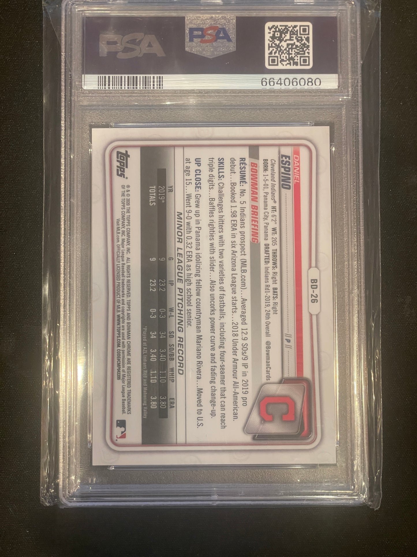 2020 Bowman Chrome Sapphire Edition Baseball Daniel Espino Gold #BD26 PSA 9