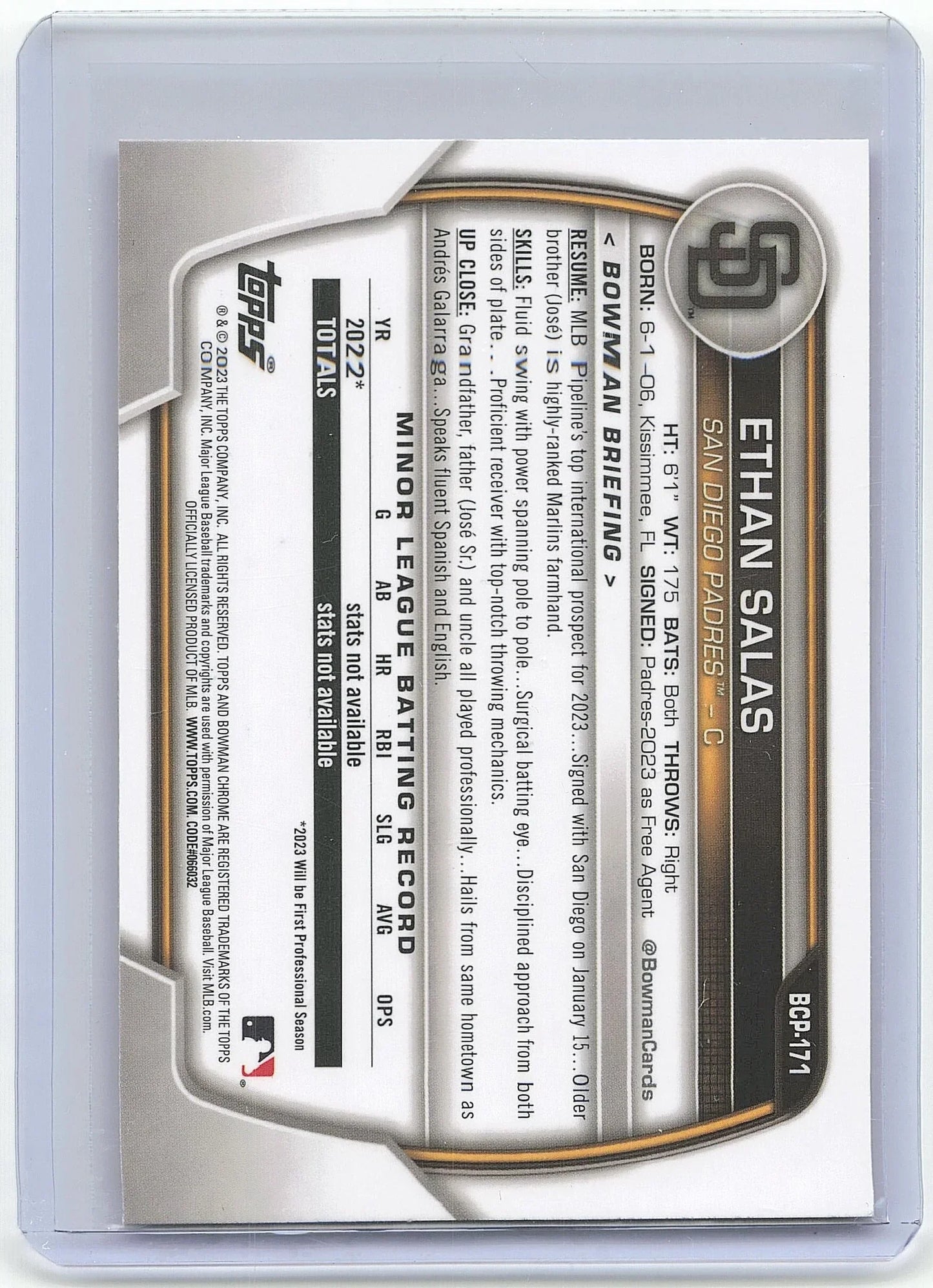 Topps 2023 Bowman Chrome Baseball Ethan Salas 1st #BCP-171 - Papa Joey's Collectibles
