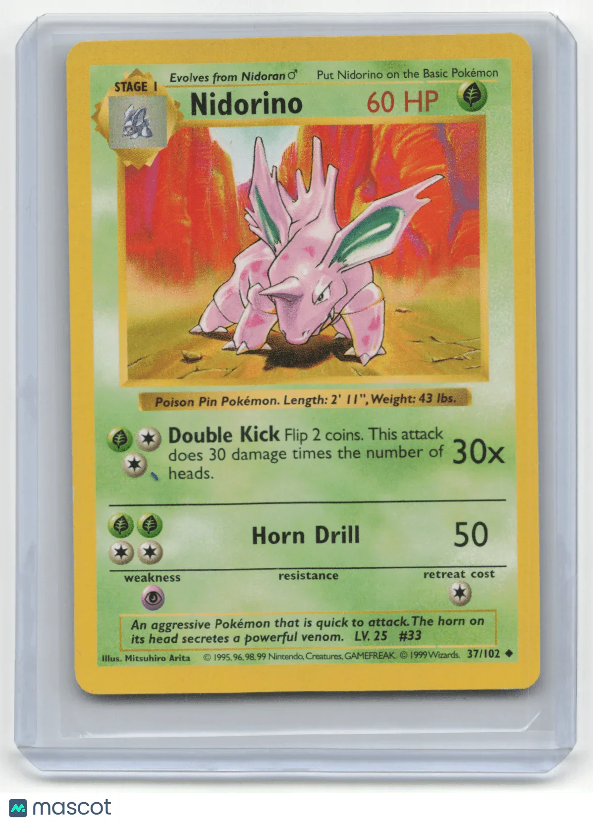 1999 Pokemon TCG Nidorino Base Set #37/102 Shadowless Light Played Basic - Papa Joey's Collectibles