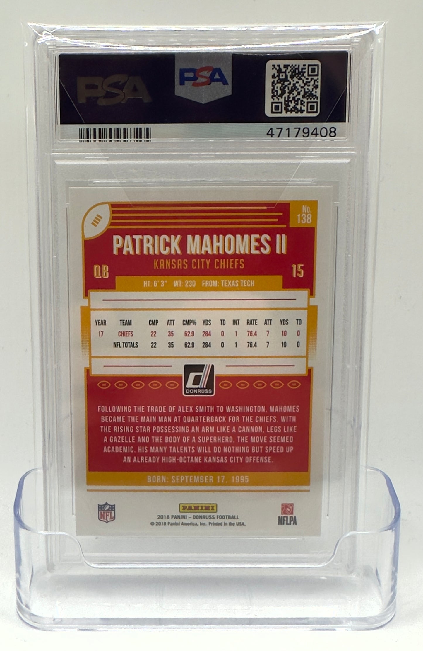 2018 Panini Donruss Football—Patrick Mahomes II #138 —PSA 10