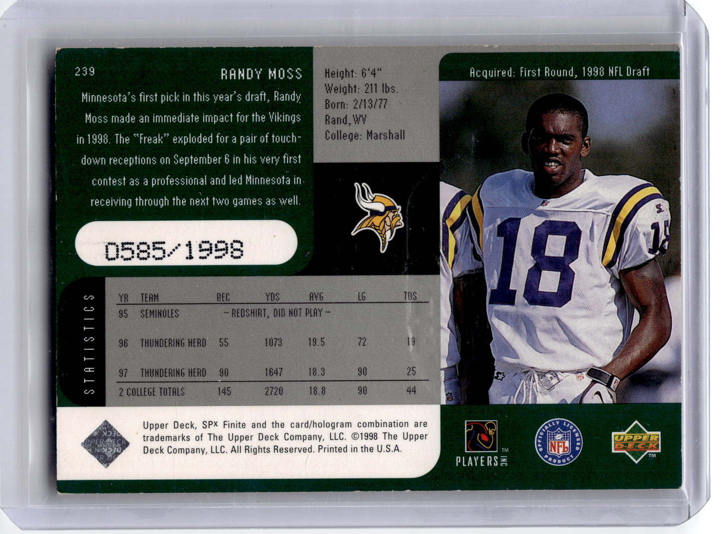 1998 Upper Deck Deck SPx Finite Football—Randy Moss #239 —Very Good