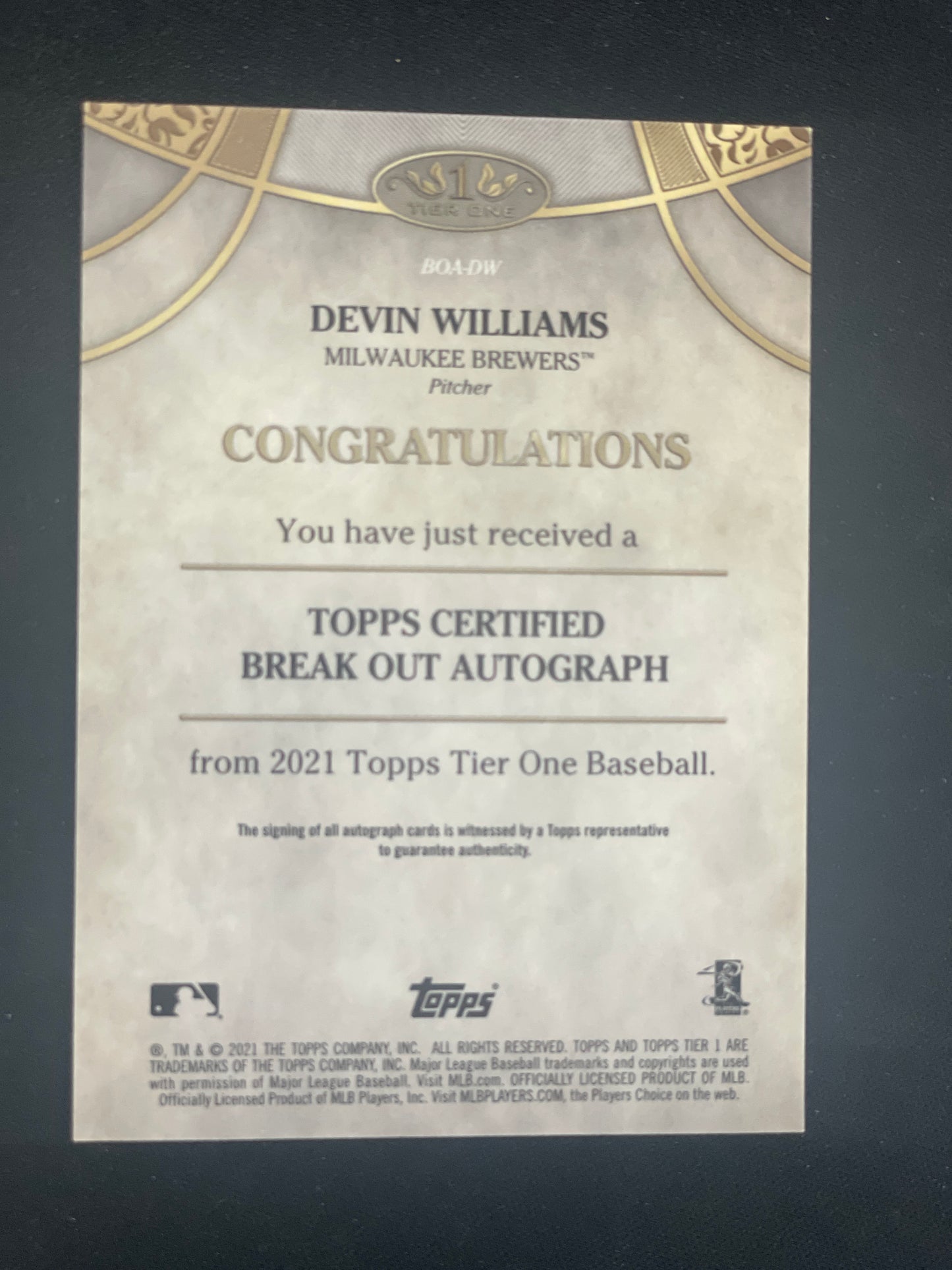 2021 Topps Tier One Baseball Devin Williams Autograph /300 #BOA-DW