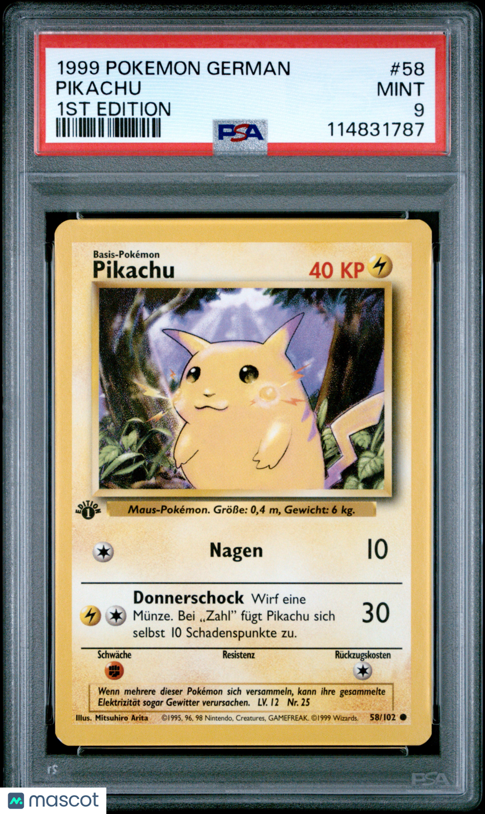 1999 Pokemon Pikachu Base Set #58 German 1ST Edition PSA 9
