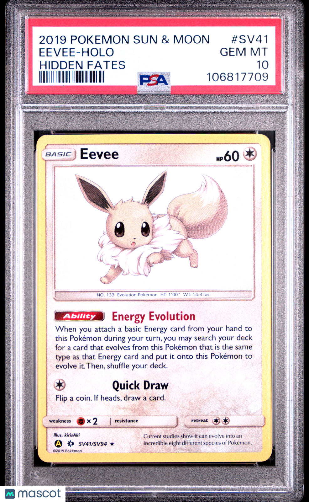 Pokemon TCG Eevee 2019 Pokemon Sun & Moon Hidden Fates PSA 10