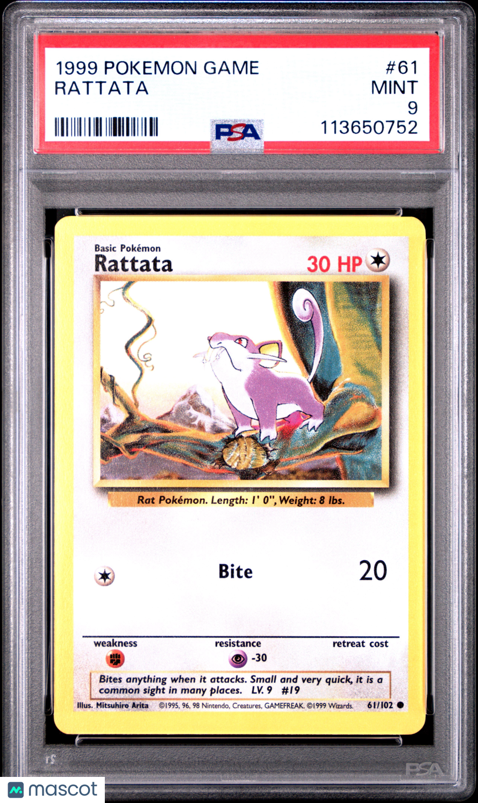 1999 Pokemon Rattata Base Set #61 Basic PSA 9