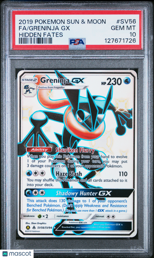 2019 Pokemon Greninja GX Hidden Fates: Shiny Vault #SV56 PSA 10