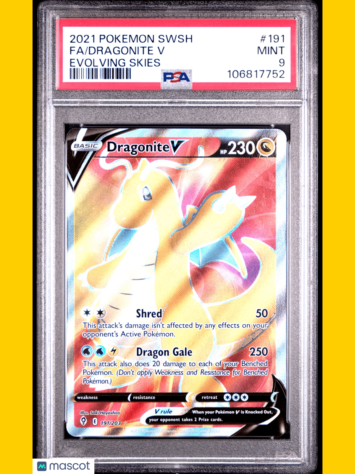Pokemon TCG Dragonite V Fa 2021 Pokemon Sword & Shield Evolving Skies PSA 9