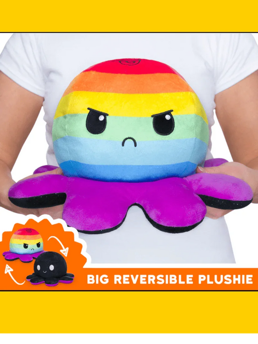 BIG Reversible Octopus Plushie: Happy Black Sparkle and Angry Rainbow Stripes - Papa Joey's Collectibles