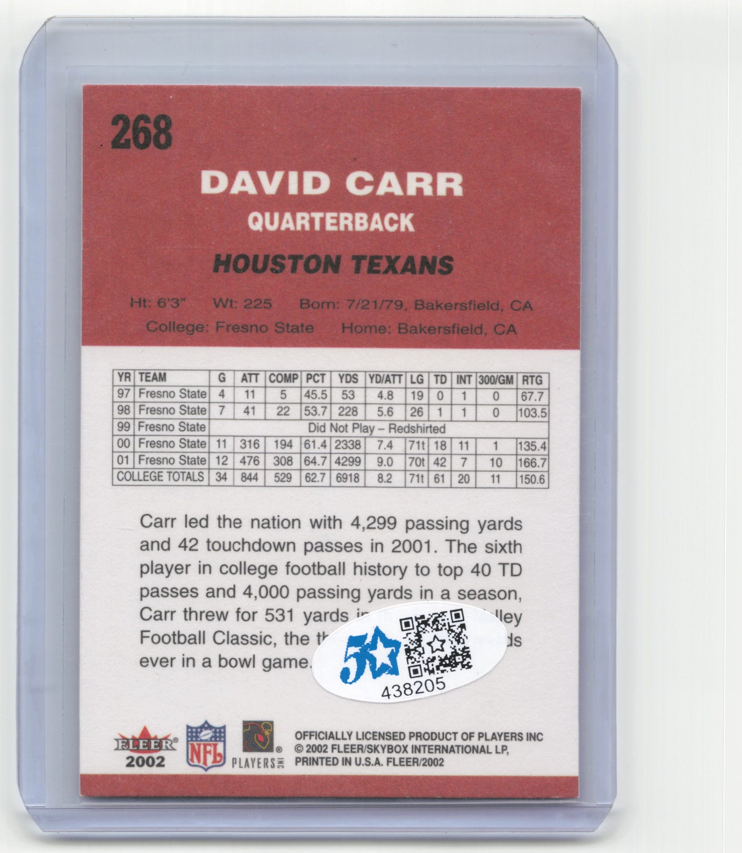 2002 Fleer Football David Carr #268