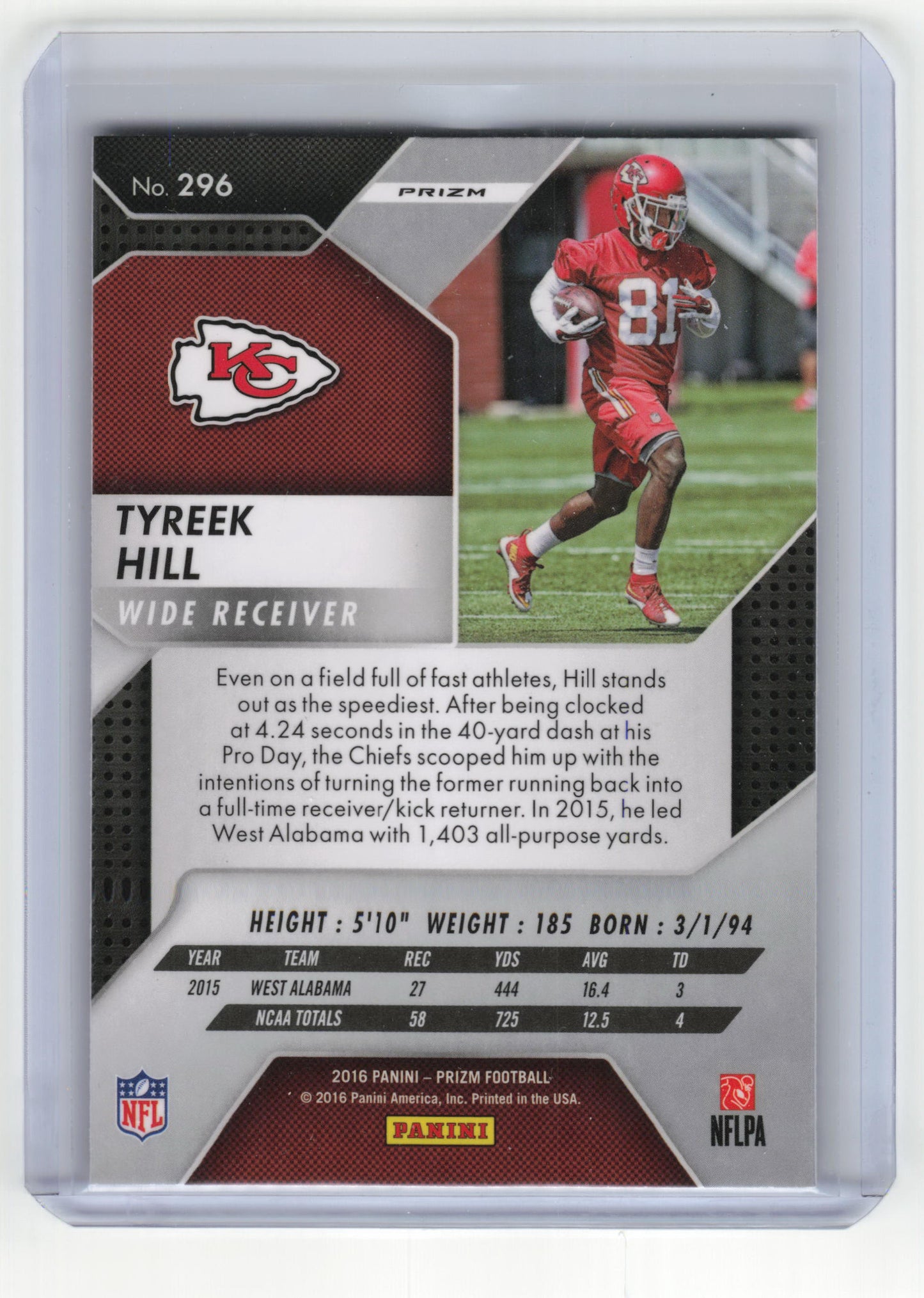 2016 Panini Prizm Football Football Tyreek Hill Near Mint RC Silver #296 NM