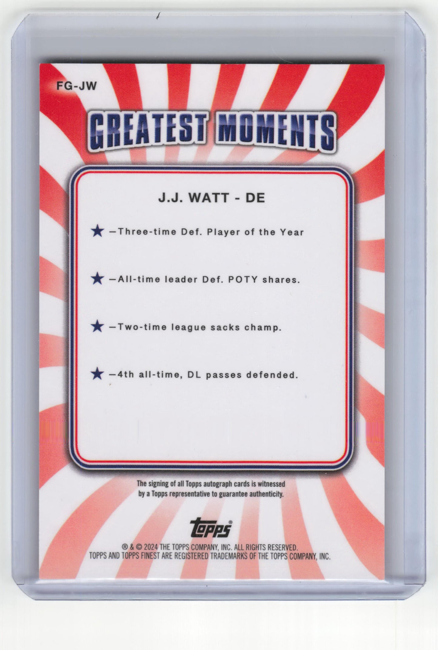 2024 Topps Finest Greats Football J.J. Watt 5/5 Auto Red Geo. Refractor #FG-JW
