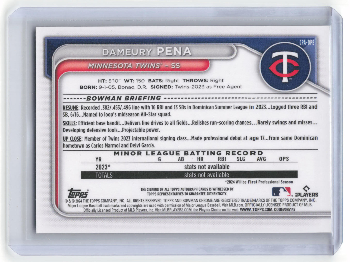 2024 Bowman Chrome Prospect Auto Dameury Pena 70/99 Green Refractor #CPA-DPE