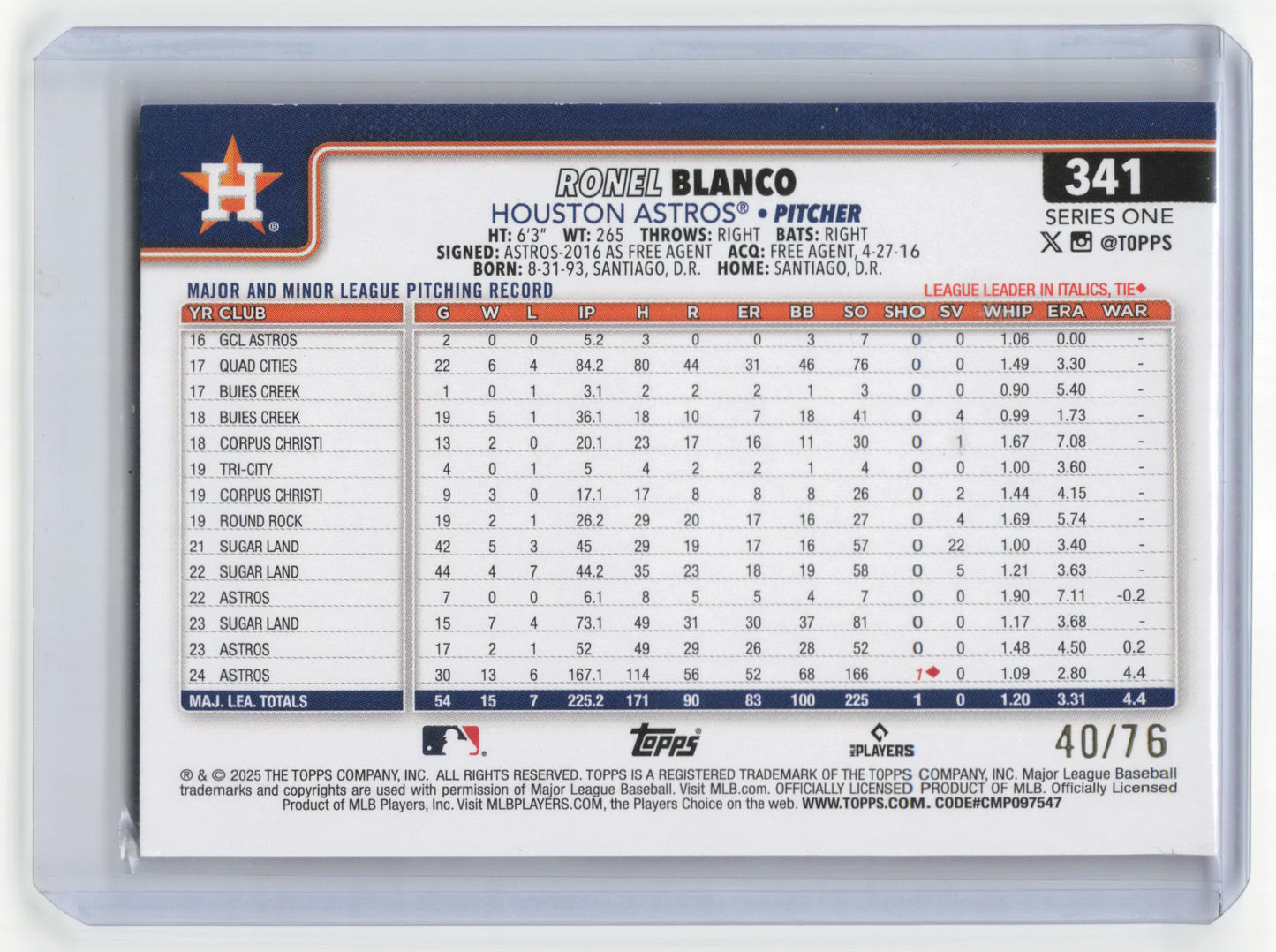 2024 Topps Series 1 Baseball Ronel Blanco 40/76 Independence Day #341 Near Mint