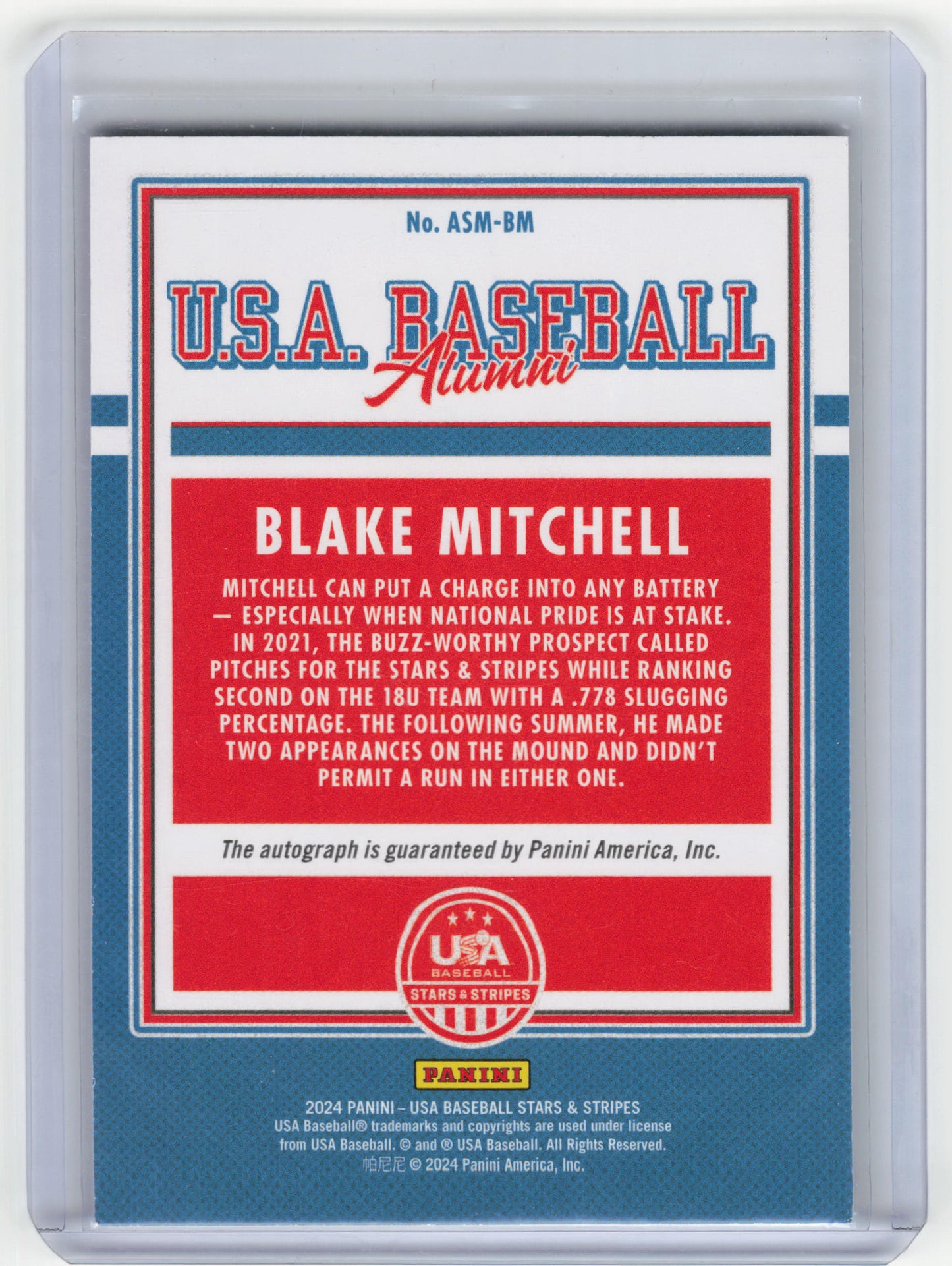 2024 Panini USA Stars & Stripes Alumni Baseball Blake Mitchell Auto #ASM-BM NM