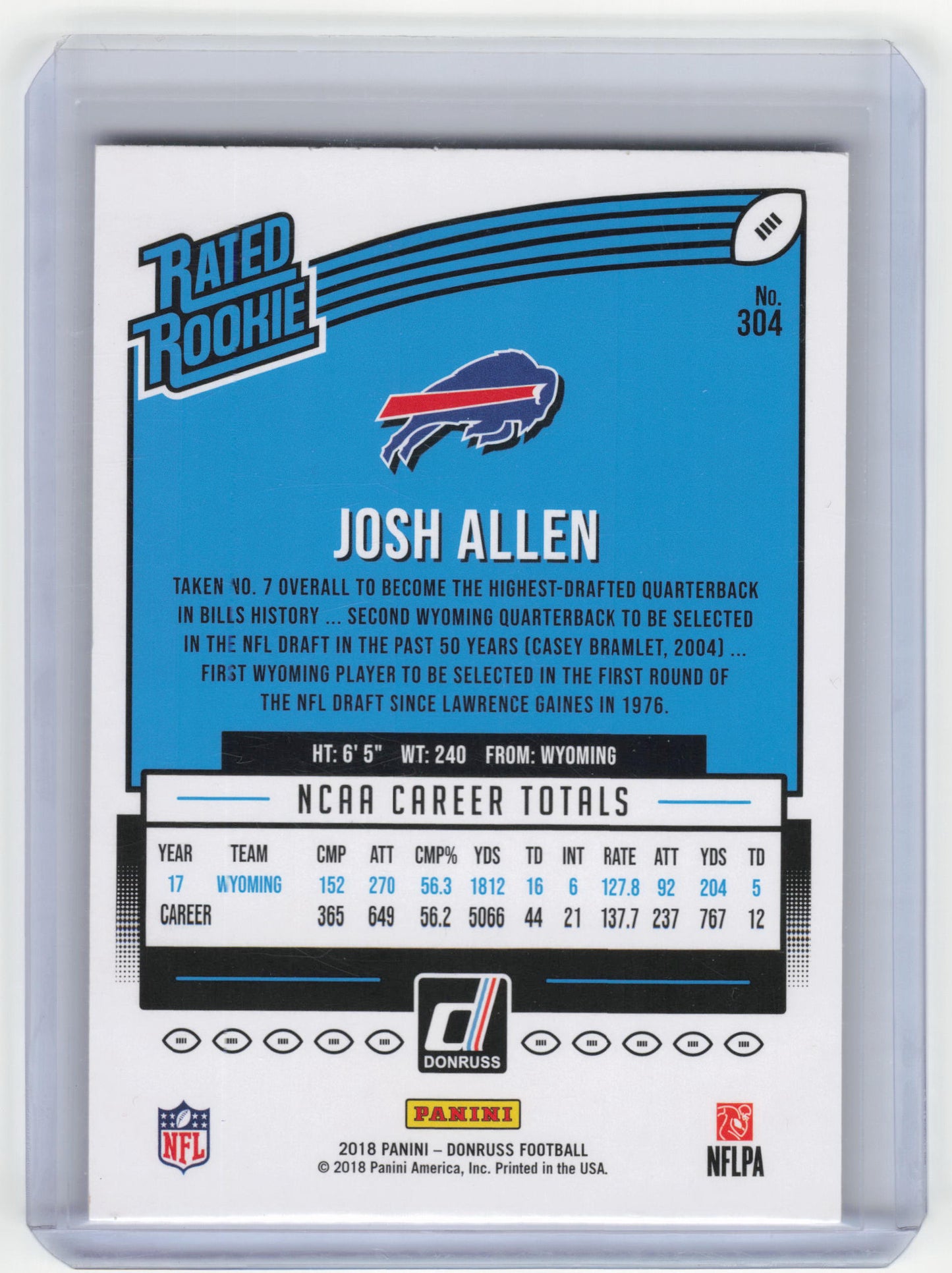 2018 Panini Donruss Rated Rookie Football Josh Allen #304 Near Mint