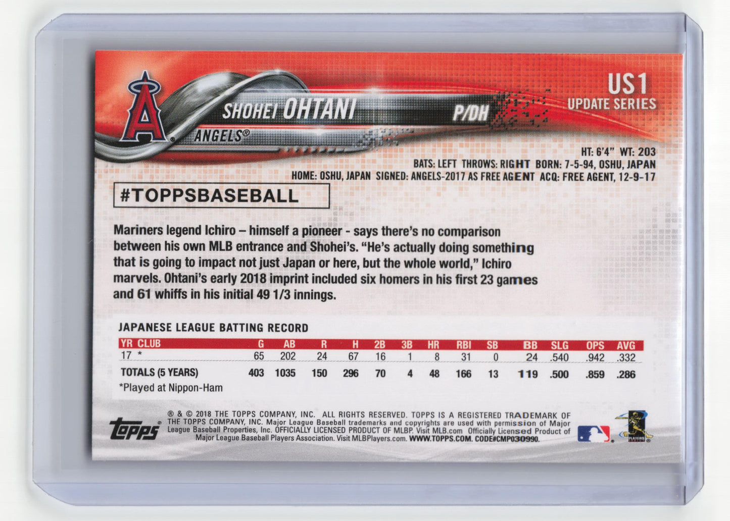 2018 Topps Update Series Baseball Shohei Ohtani RC 1/3 #US1 Near Mint