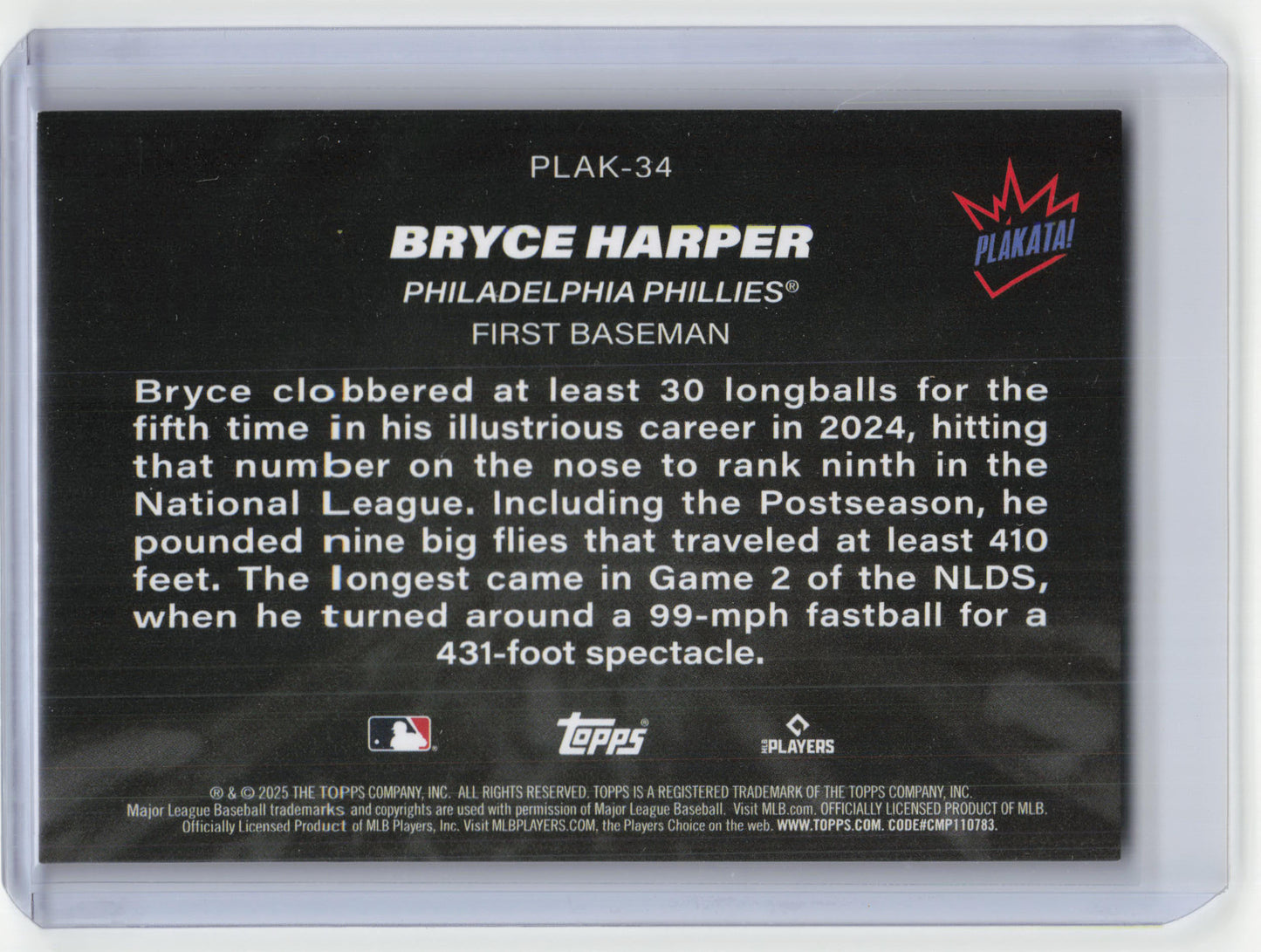 2025 Topps Series 1 Plakata! Baseball Bryce Harper Case Hit #PLAK-34 Near Mint