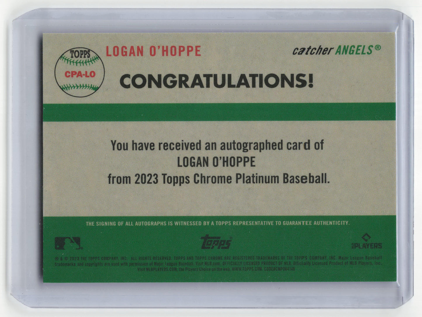 2023 Topps Chrome Platinum Logan O'Hoppe Autograph 18/99 RC Blue Prism #CPA-LO