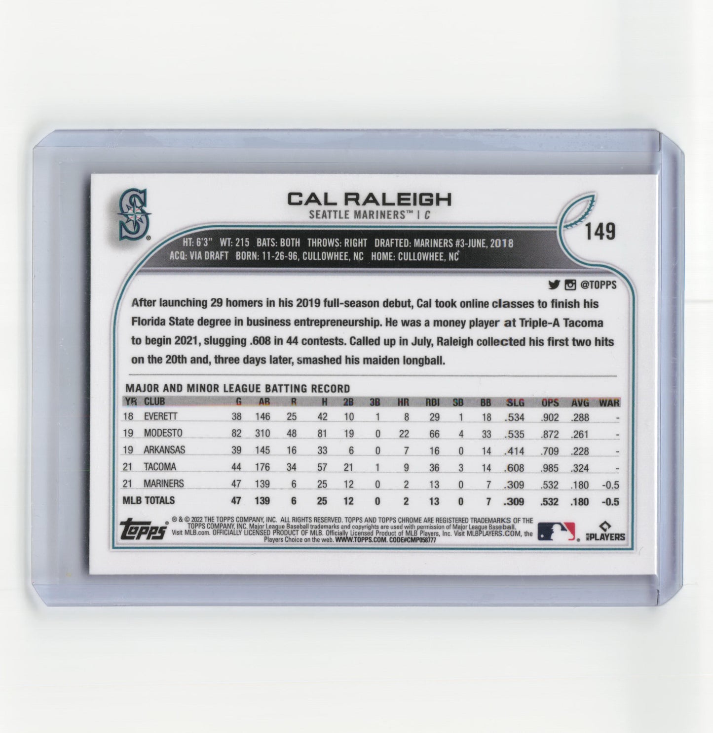 2022 Topps Chrome Baseball Cal Raleigh RC Black Refractor #149 Near Mint