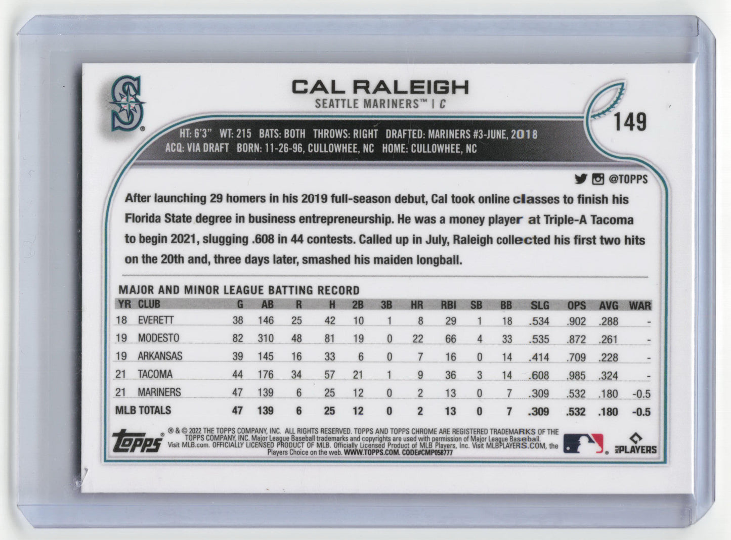 2022 Topps Chrome Baseball Cal Raleigh RC Black Refractor #149 Near Mint