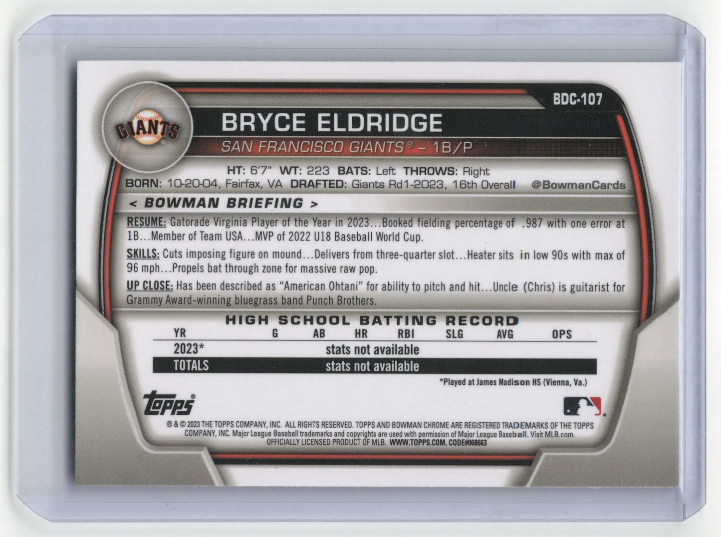 Topps 2023 Bowman Draft Chrome Bryce Eldridge Lunar Glow #BDC-107 Near Mint
